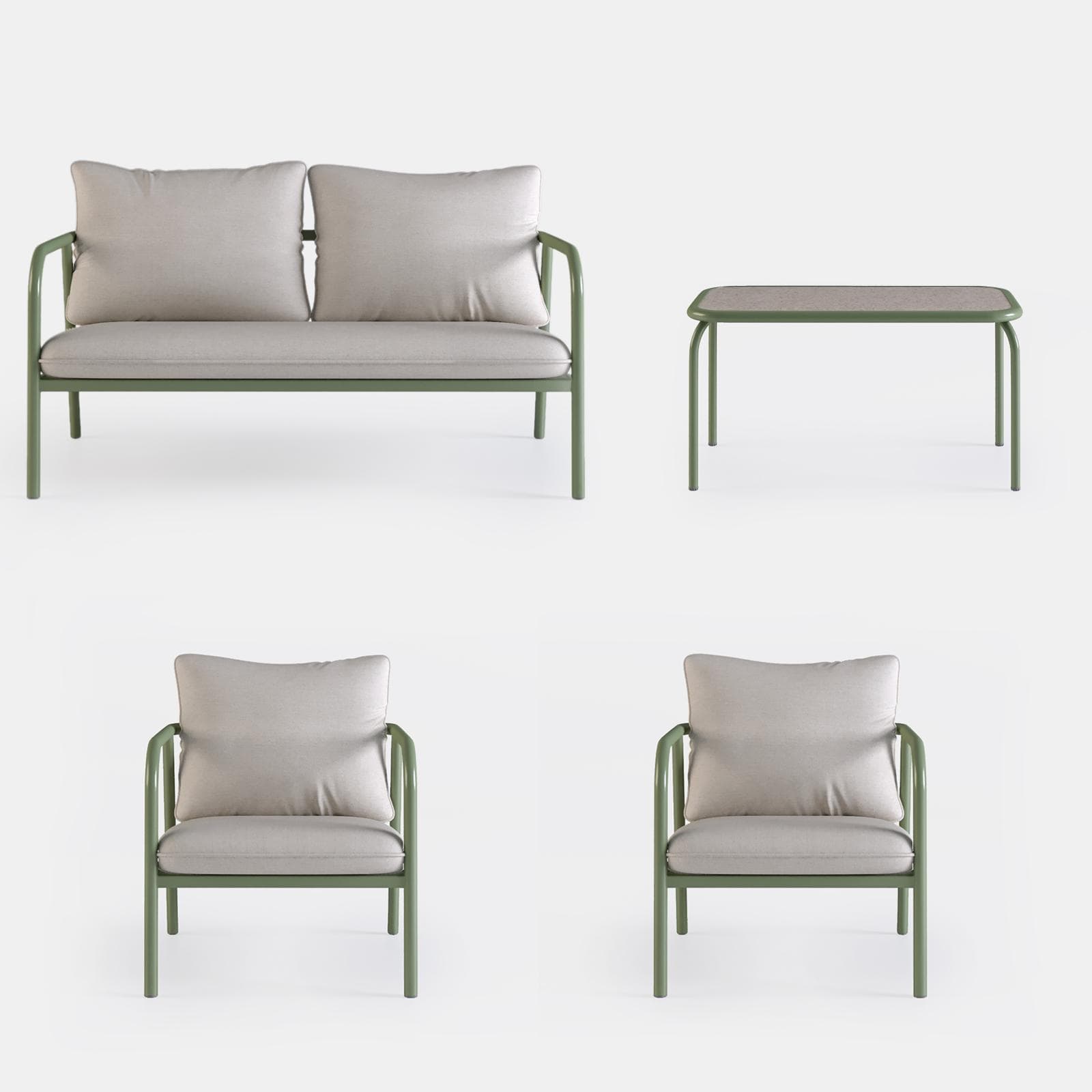 Set relax 4 posti in acciaio verde scuro e cuscini imbottiti beige - Crey