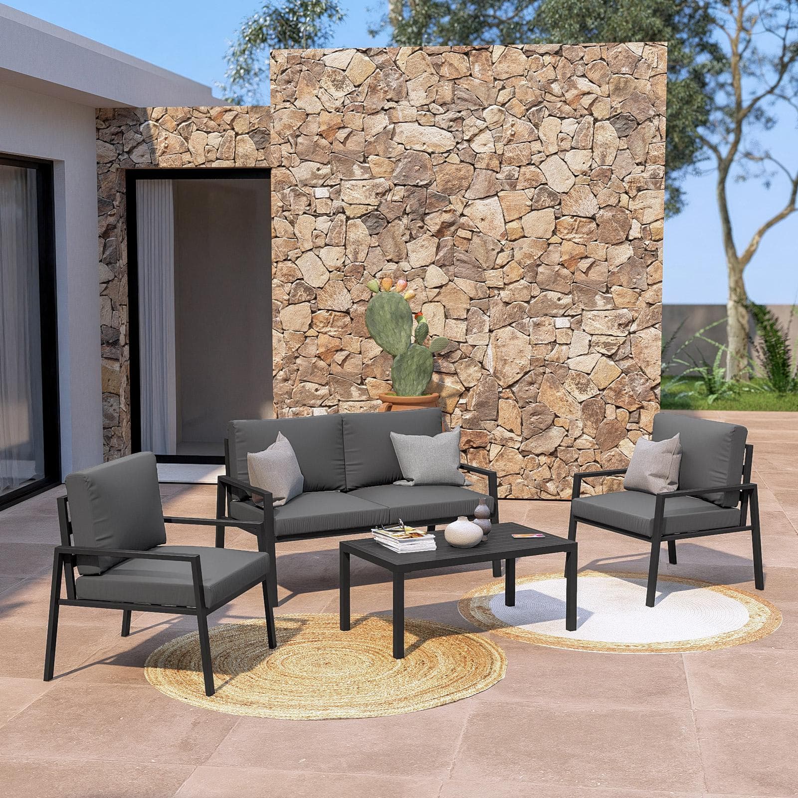 Set relax 4 posti in alluminio antracite con cuscini antracite - Carridi
