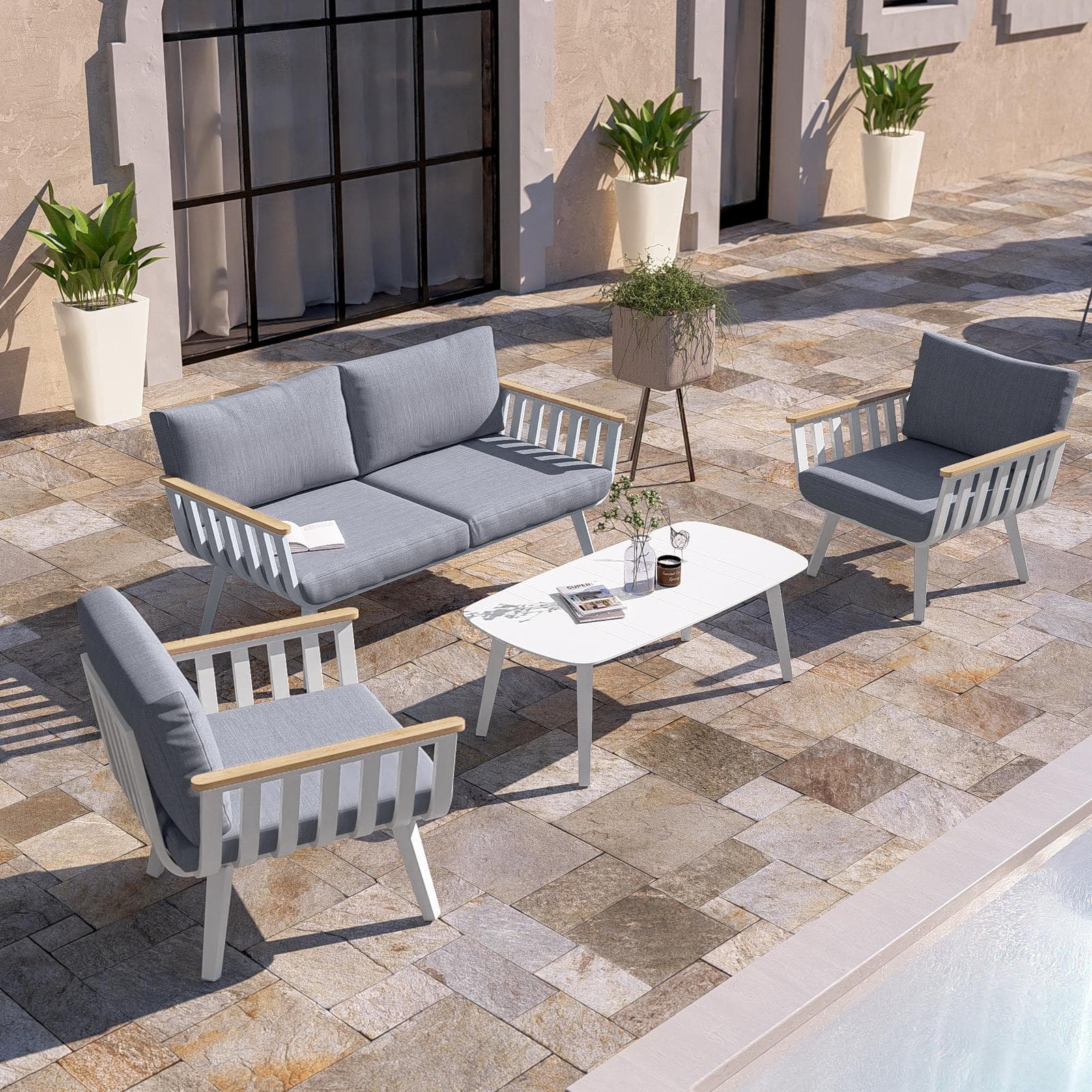 Set relax 4 posti in alluminio bianco con braccioli effetto legno e cuscini - Vallarta