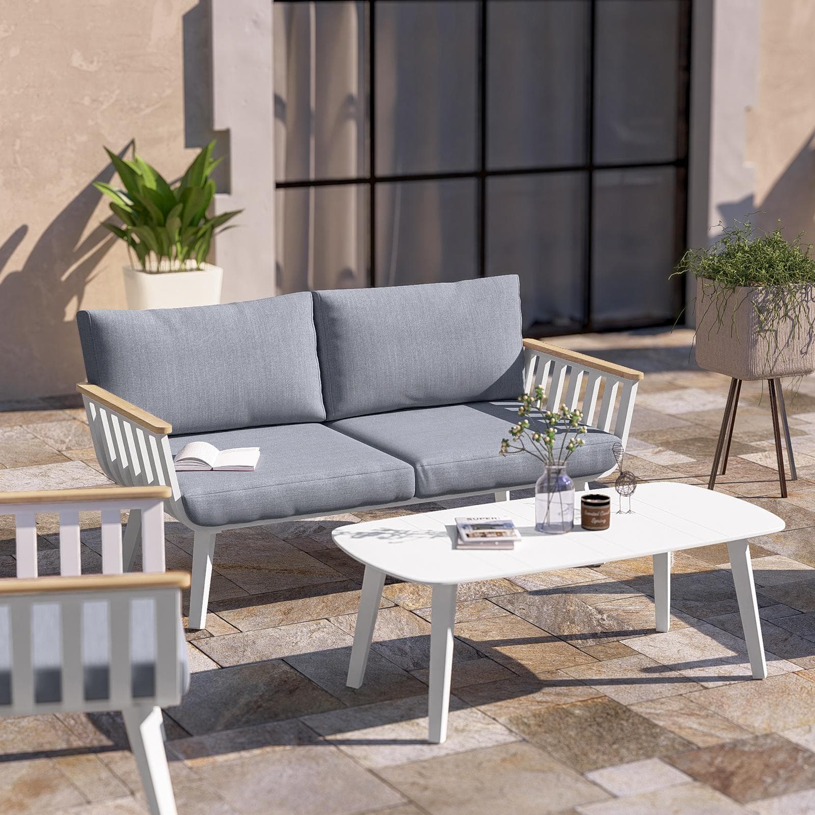 Set relax 4 posti in alluminio bianco con braccioli effetto legno e cuscini - Vallarta