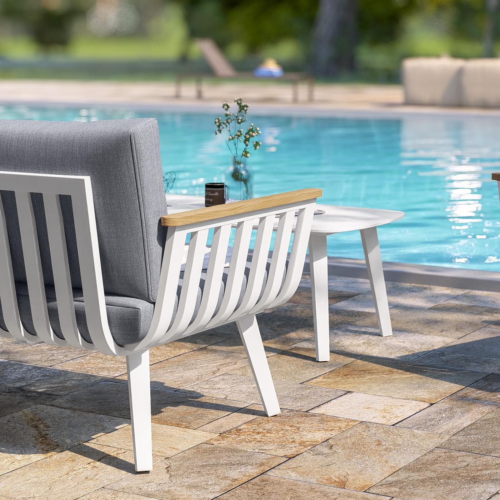 Set relax 4 posti in alluminio bianco con braccioli effetto legno e cuscini - Vallarta