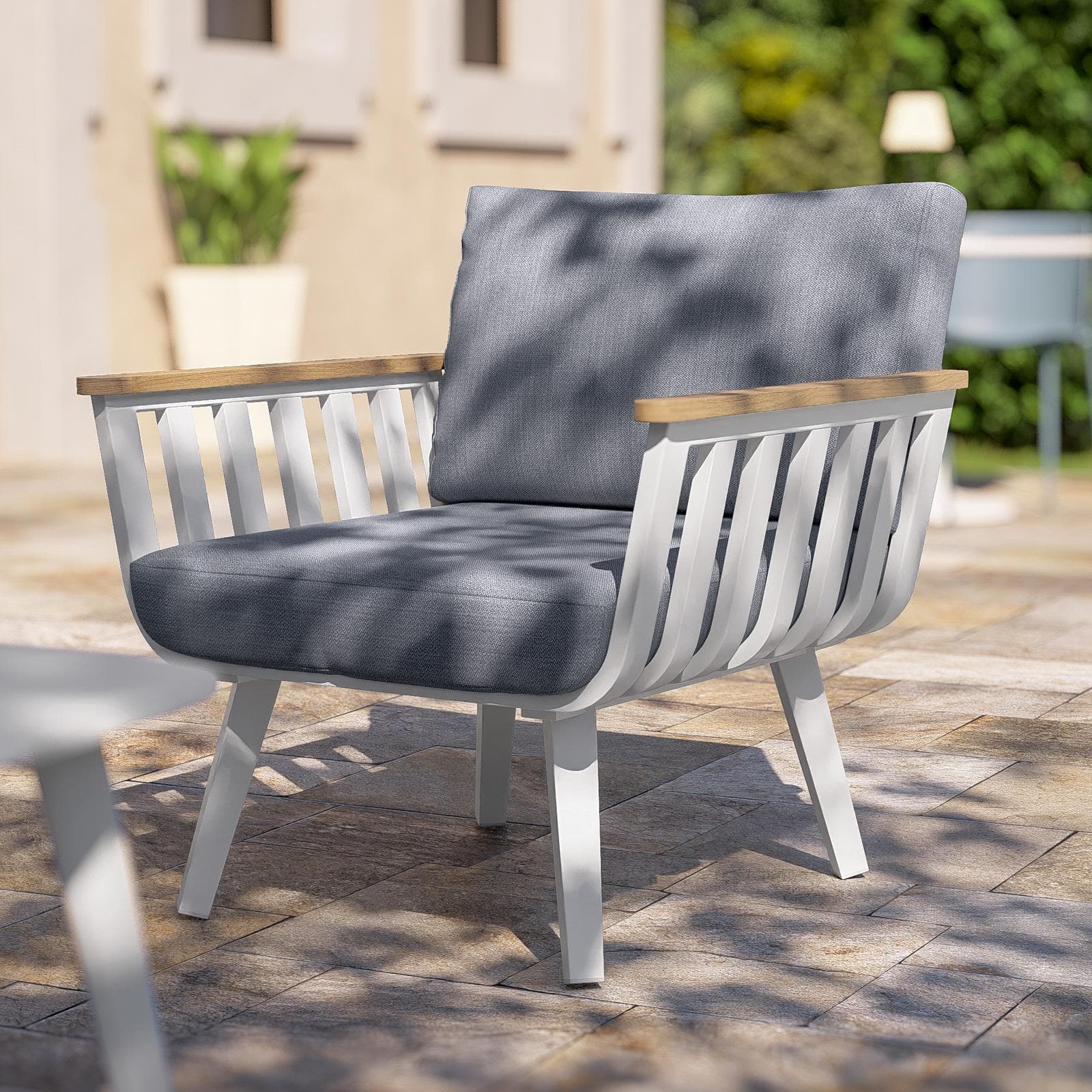 Set relax 4 posti in alluminio bianco con braccioli effetto legno e cuscini - Vallarta
