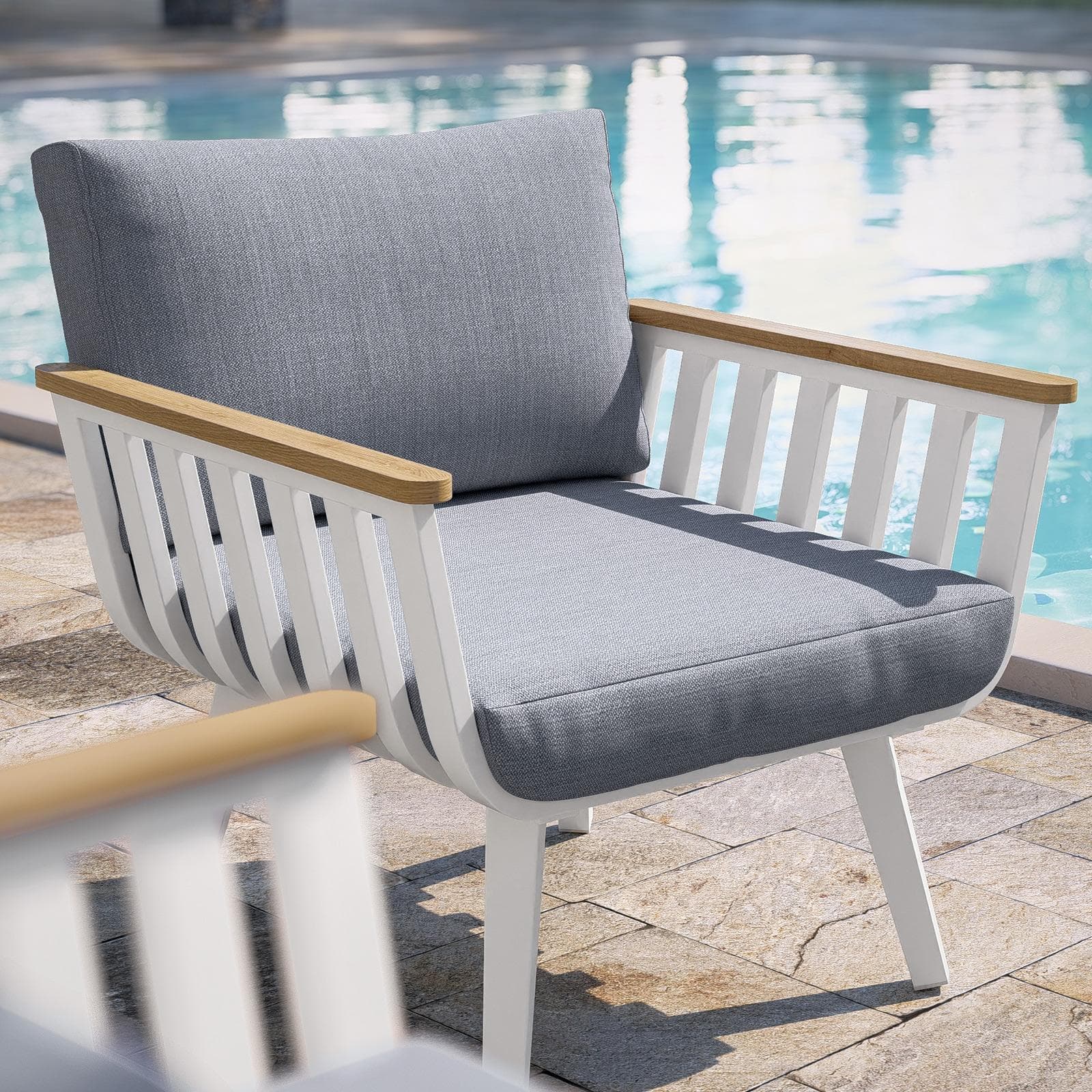 Set relax 4 posti in alluminio bianco con braccioli effetto legno e cuscini - Vallarta