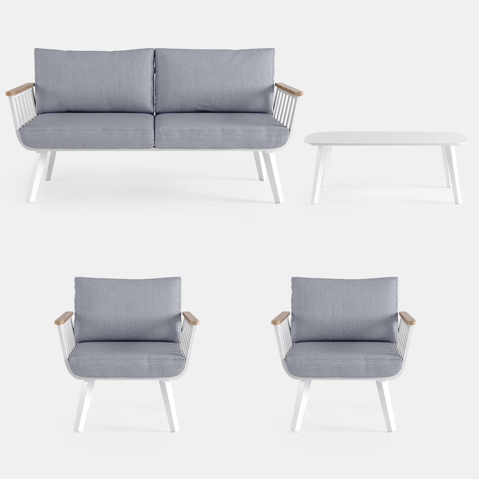 Set relax 4 posti in alluminio bianco con braccioli effetto legno e cuscini - Vallarta