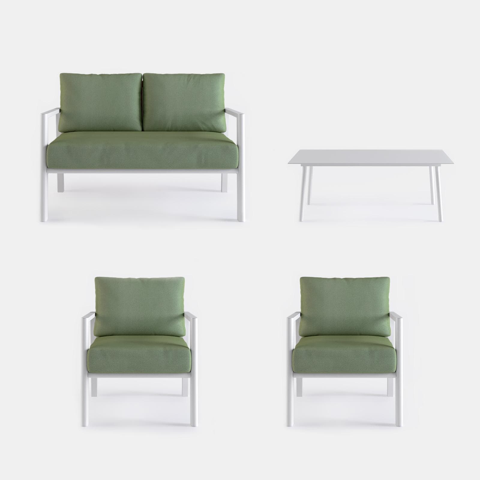 Set relax 4 posti in alluminio bianco con schienale in corda intrecciata verde e cuscini - Berillo
