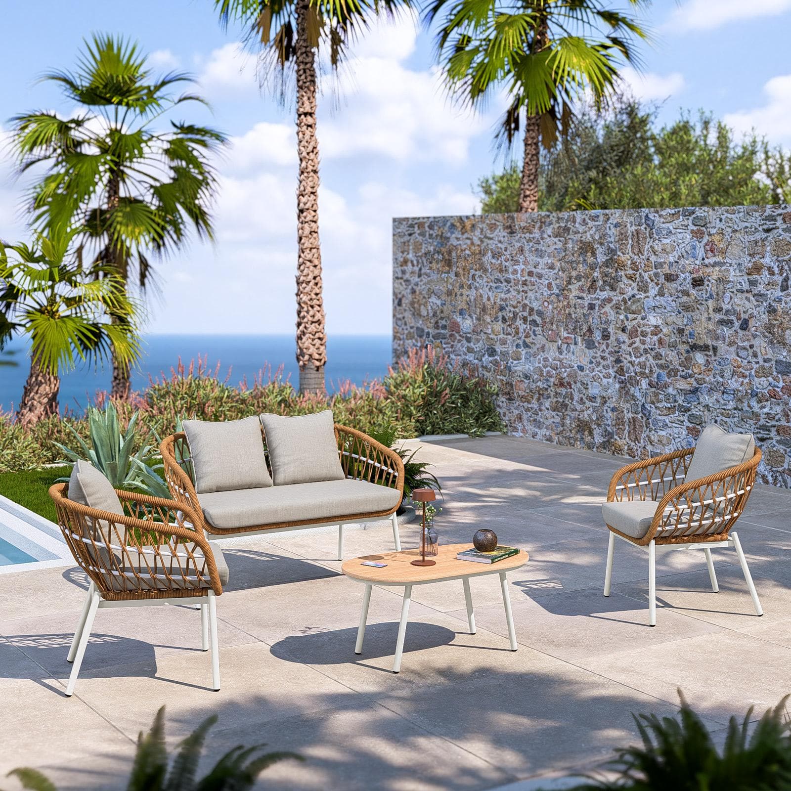 BOLITA SET RELAX ACCIAIO BIANCO CORDA NATURALE C/ CUSCINI BEIGE