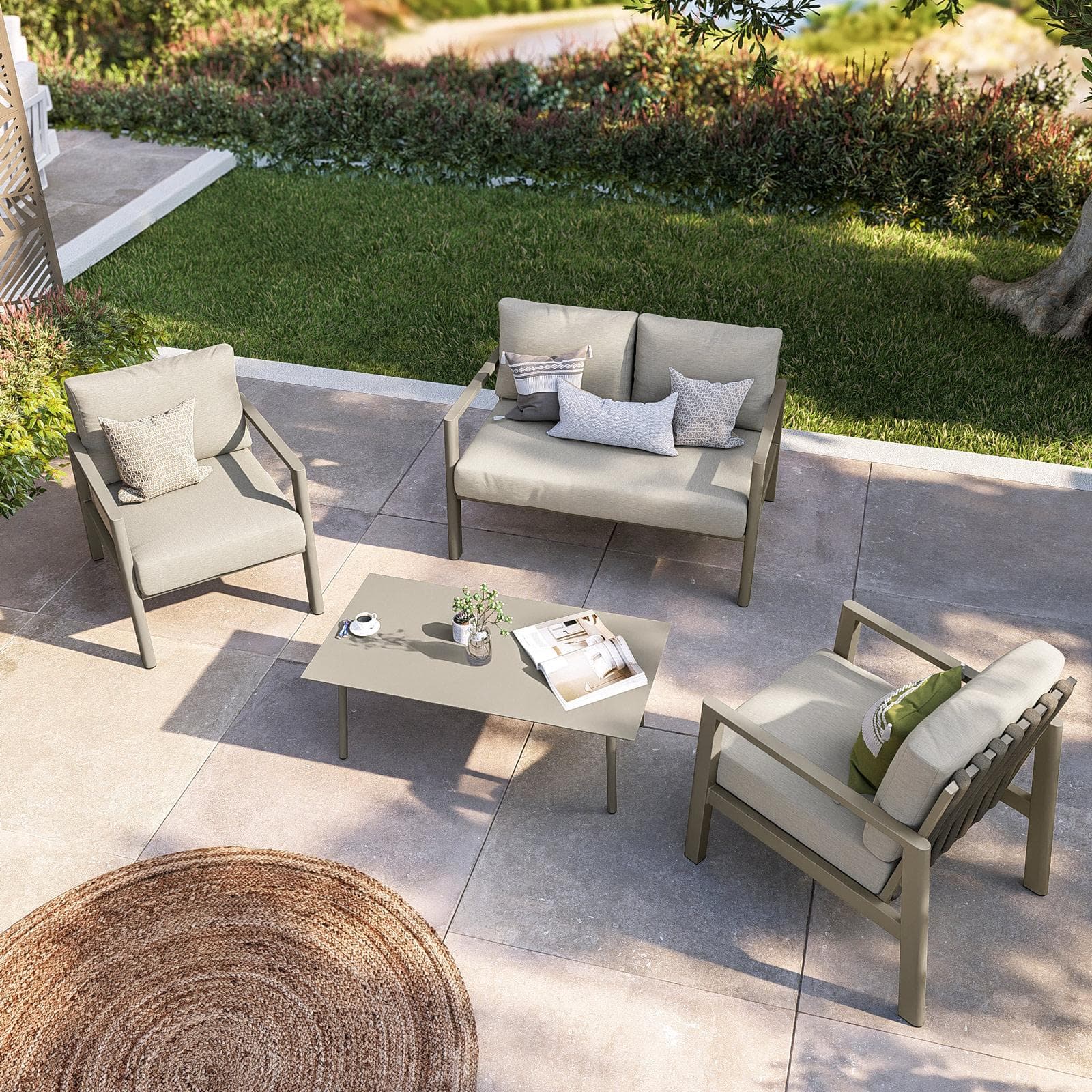 Set relax 4 posti in alluminio tortora con schienale in corda intrecciata beige e cuscini - Berillo