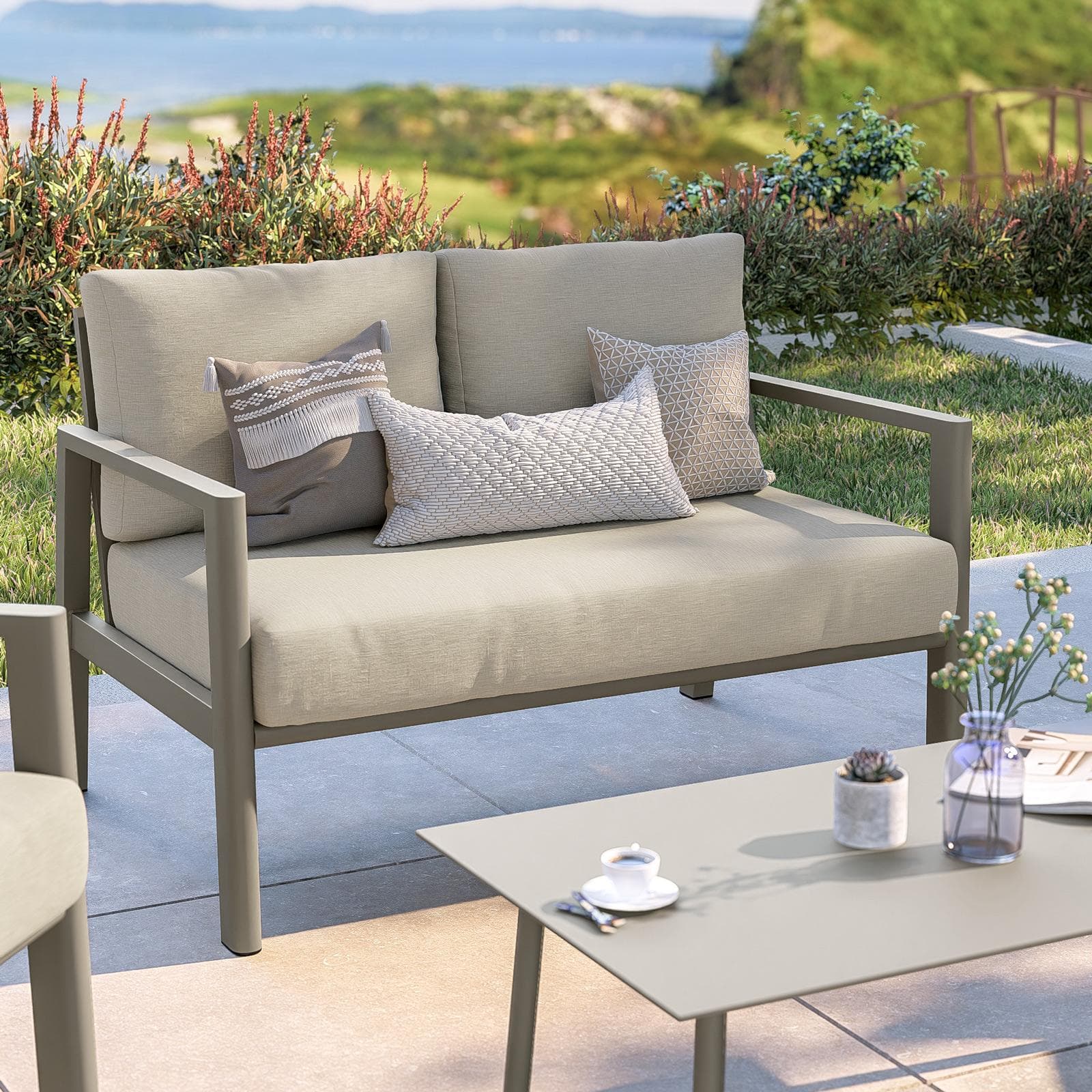 Set relax 4 posti in alluminio tortora con schienale in corda intrecciata beige e cuscini - Berillo