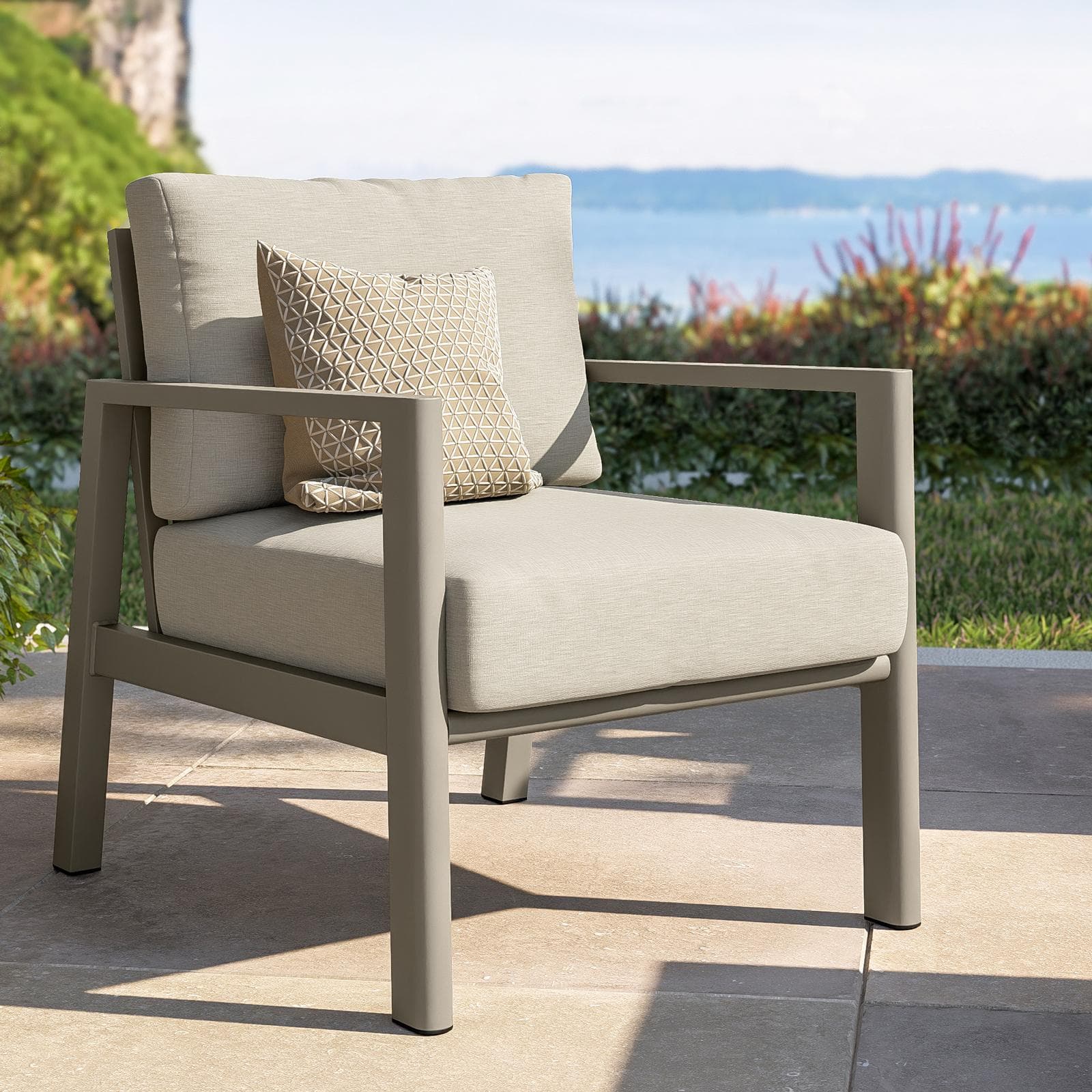 Set relax 4 posti in alluminio tortora con schienale in corda intrecciata beige e cuscini - Berillo