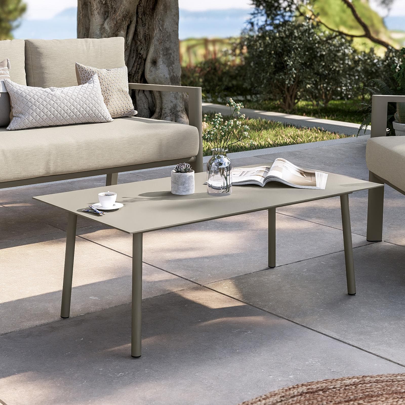 Set relax 4 posti in alluminio tortora con schienale in corda intrecciata beige e cuscini - Berillo