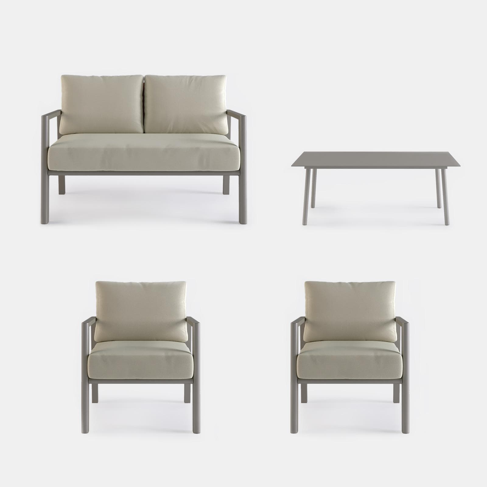 Set relax 4 posti in alluminio tortora con schienale in corda intrecciata beige e cuscini - Berillo