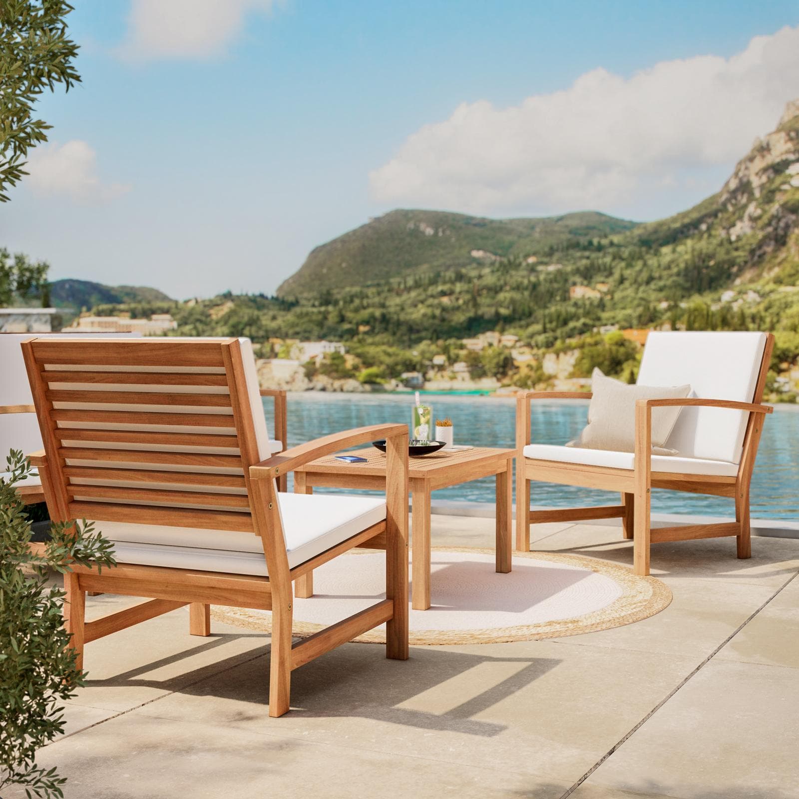 Set relax 4 posti in legno di acacia con cuscini e tavolino - Salgado