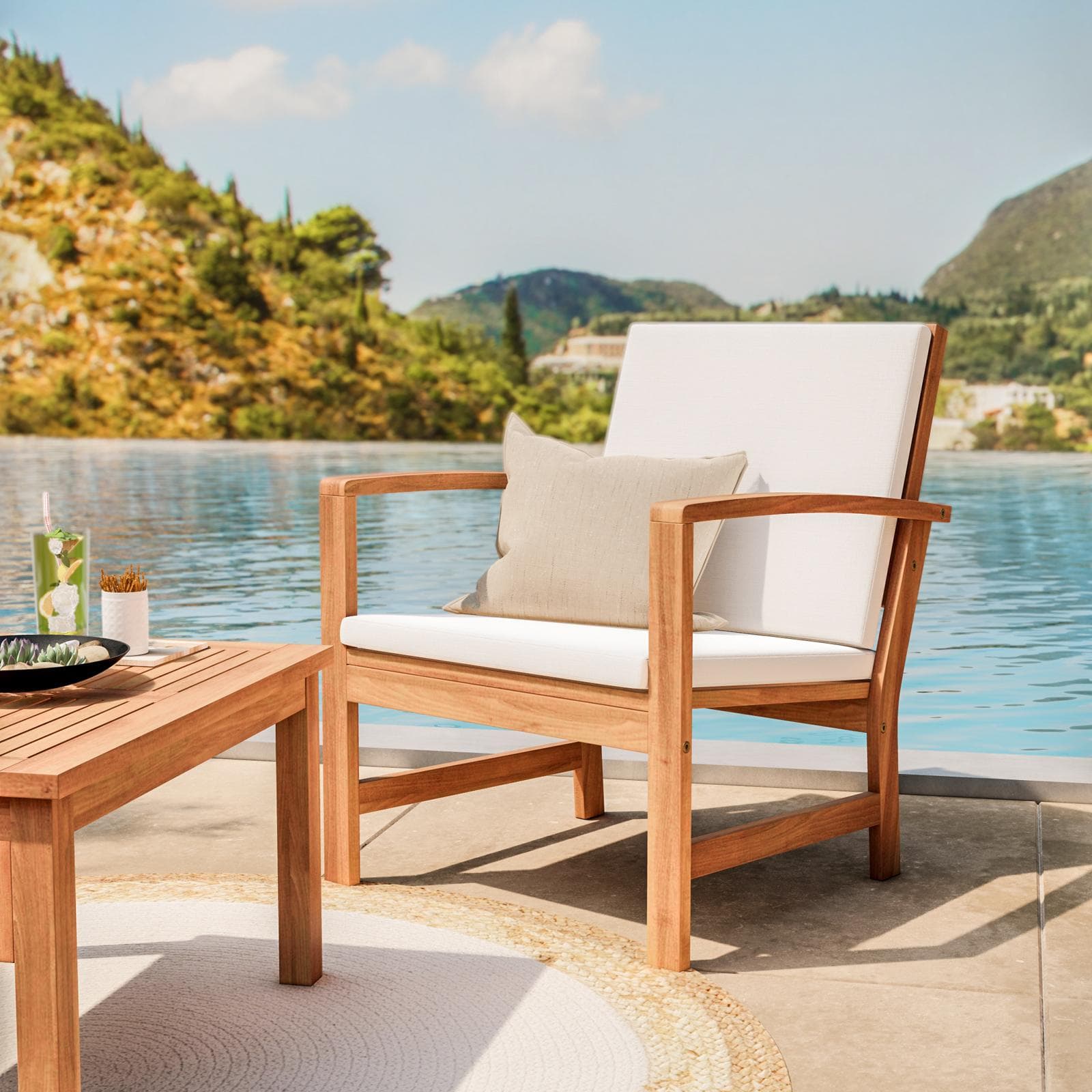 Set relax 4 posti in legno di acacia con cuscini e tavolino - Salgado