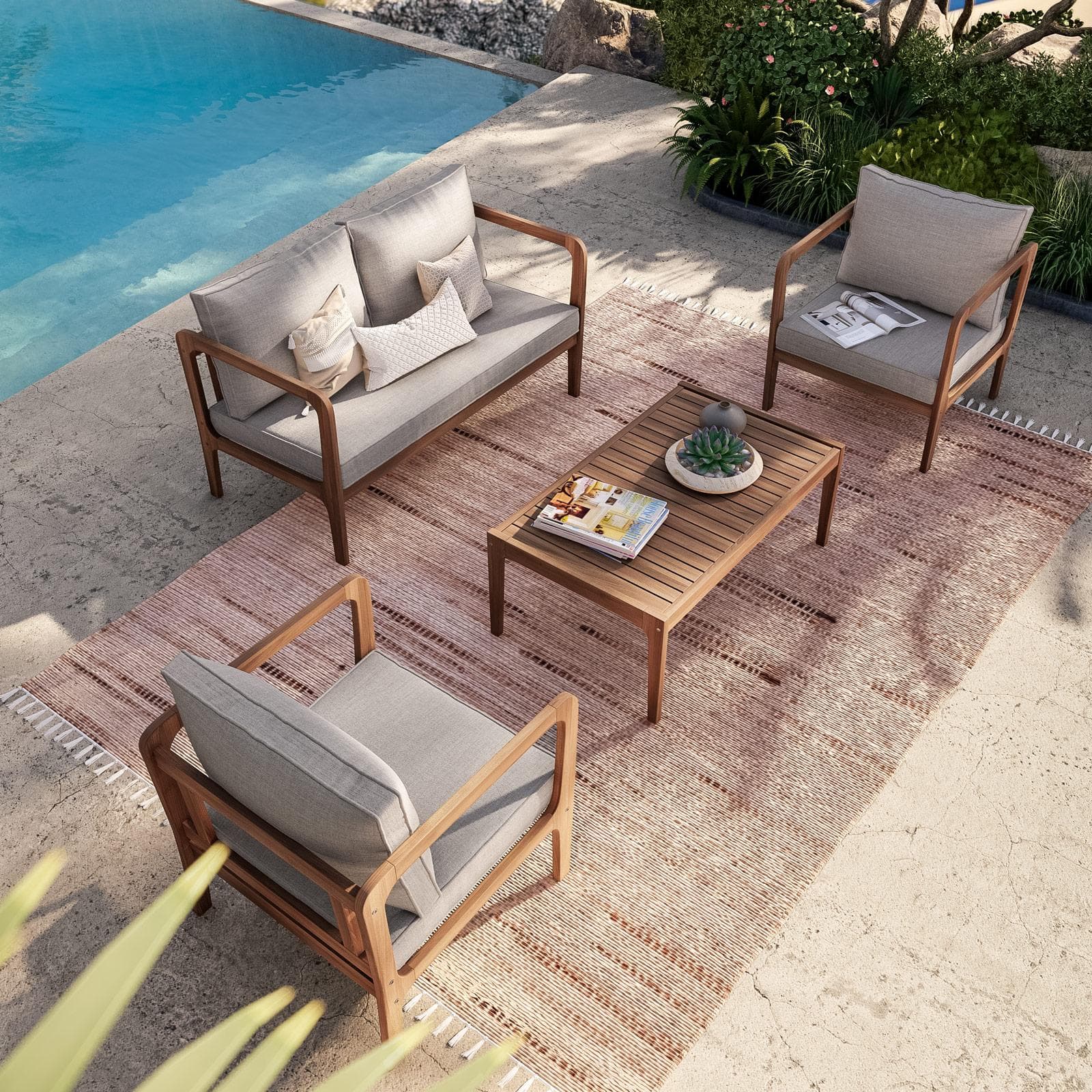 Set relax 4 posti in legno di acacia con cuscini - Macarena