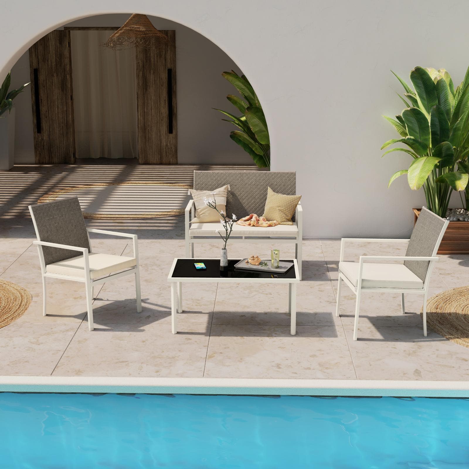 Set relax 4 posti in polyrattan caffè con tavolino e cuscini - Borakay
