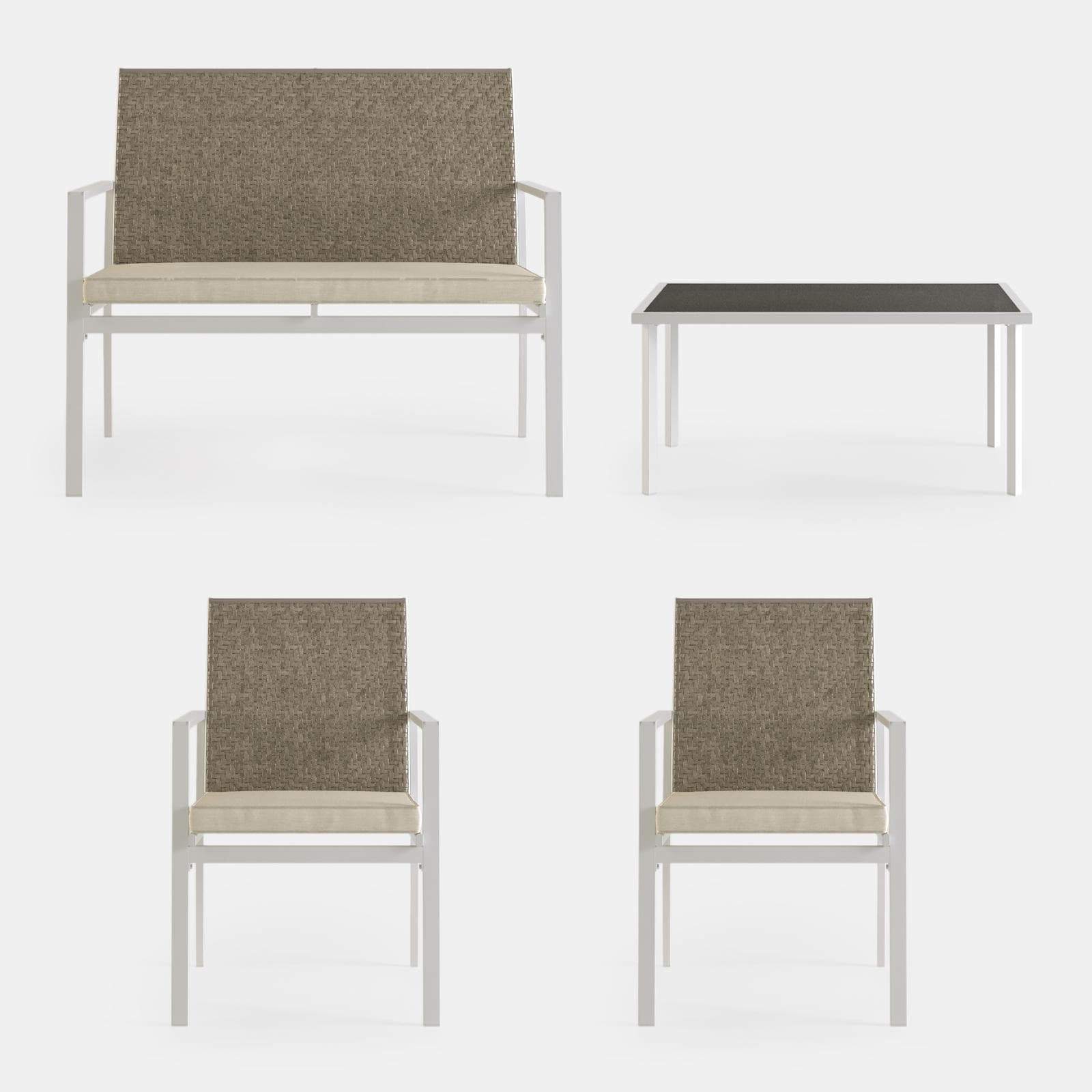 Set relax 4 posti in polyrattan caffè con tavolino e cuscini - Borakay