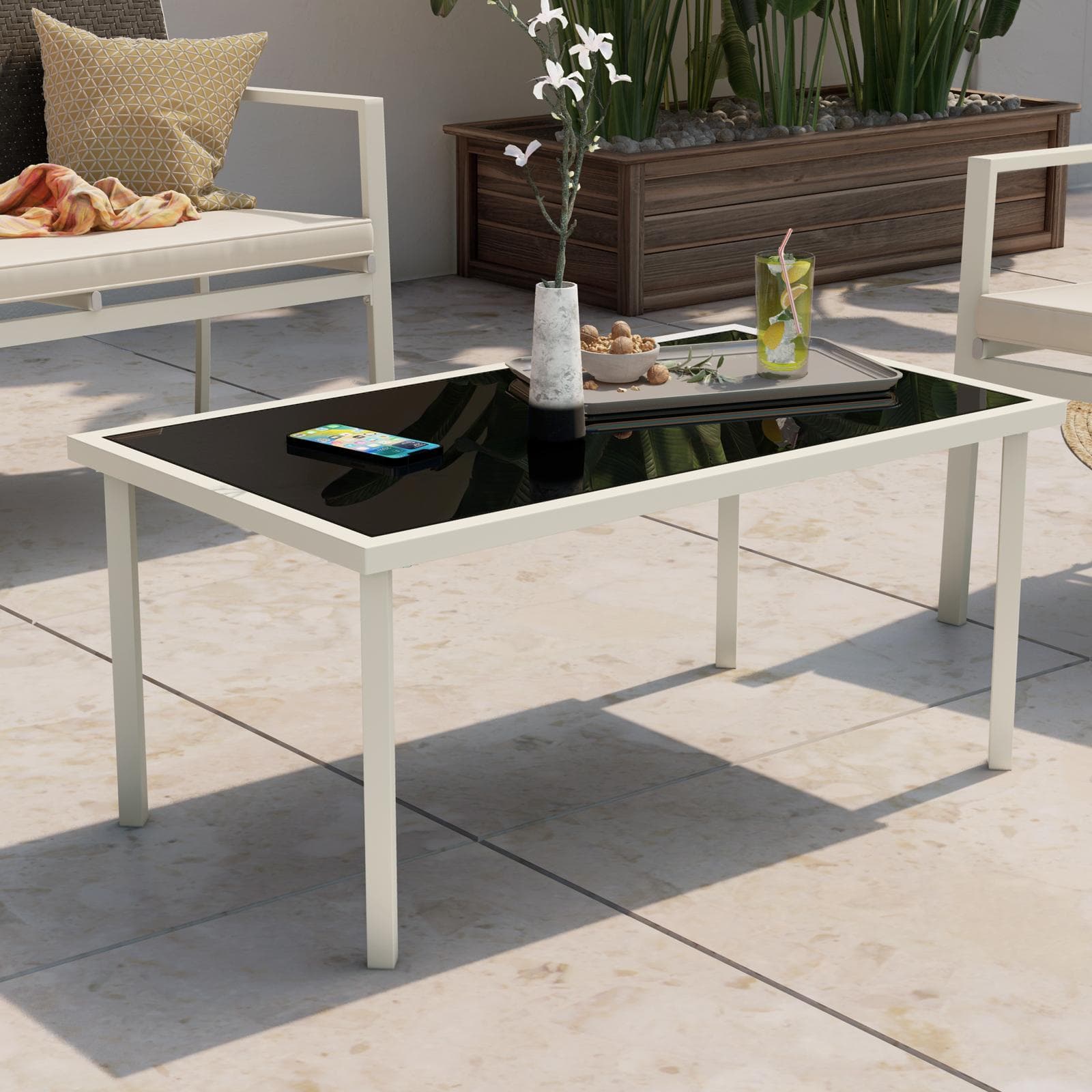 Set relax 4 posti in polyrattan caffè con tavolino e cuscini - Borakay