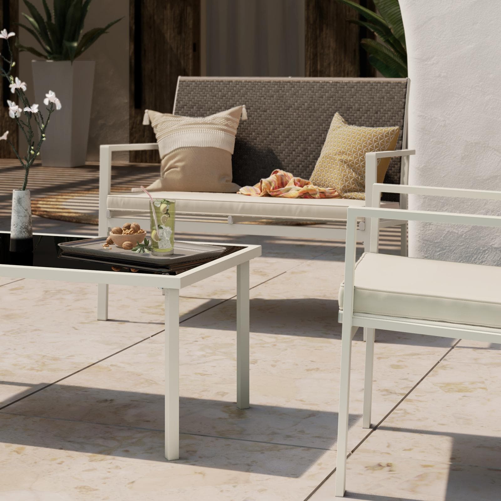Set relax 4 posti in polyrattan caffè con tavolino e cuscini - Borakay