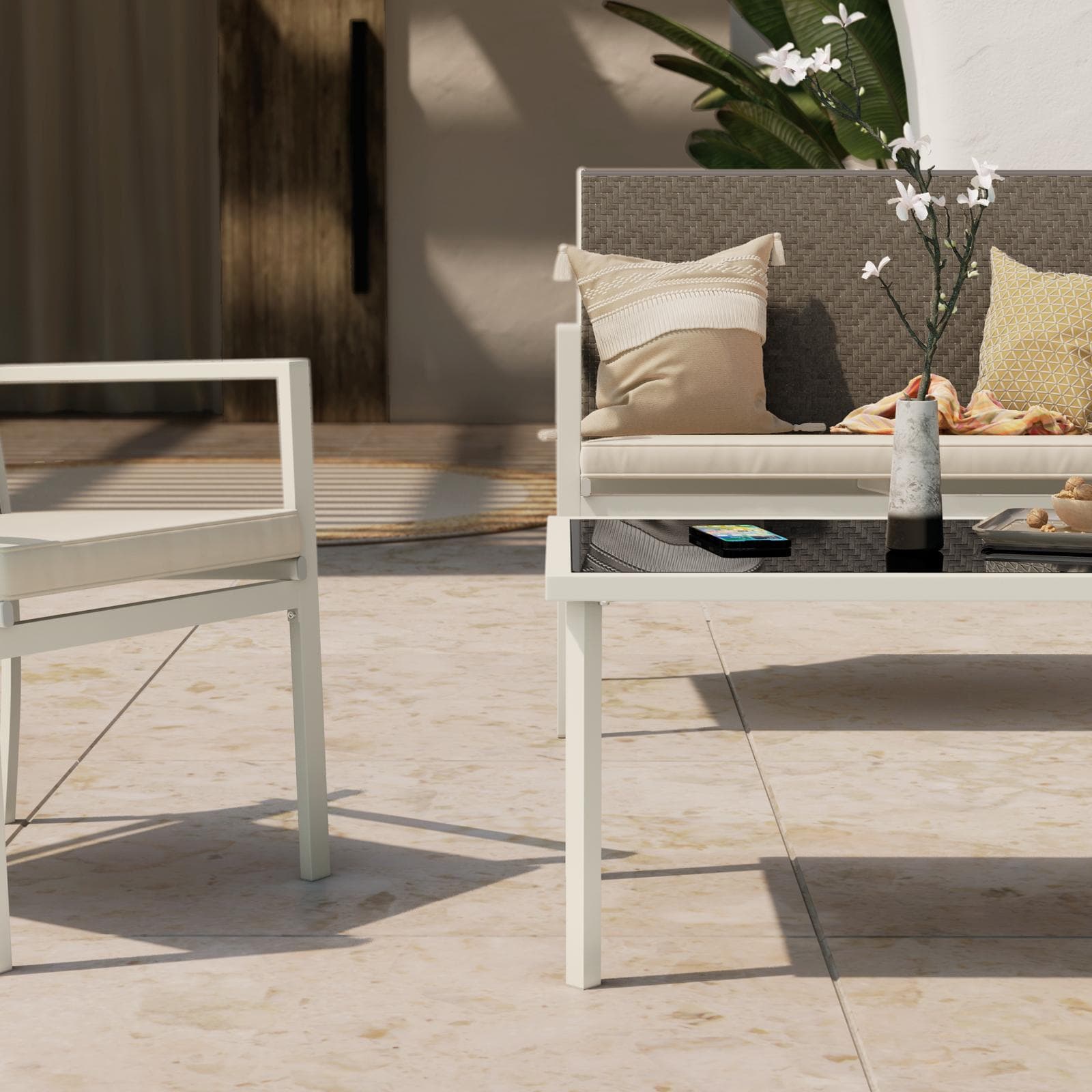 Set relax 4 posti in polyrattan caffè con tavolino e cuscini - Borakay