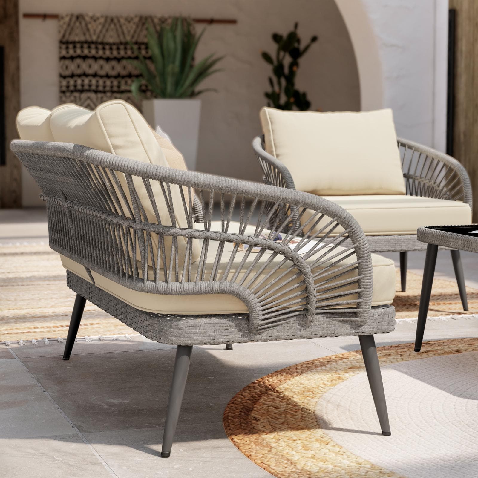 Set relax 4 posti in polyrattan tortora con cuscini e tavolino - Alana