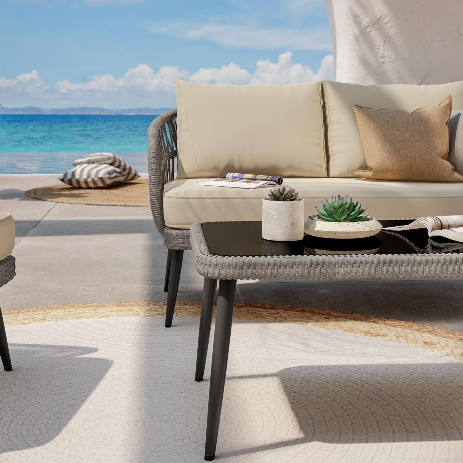 Set relax 4 posti in polyrattan tortora con cuscini e tavolino - Alana