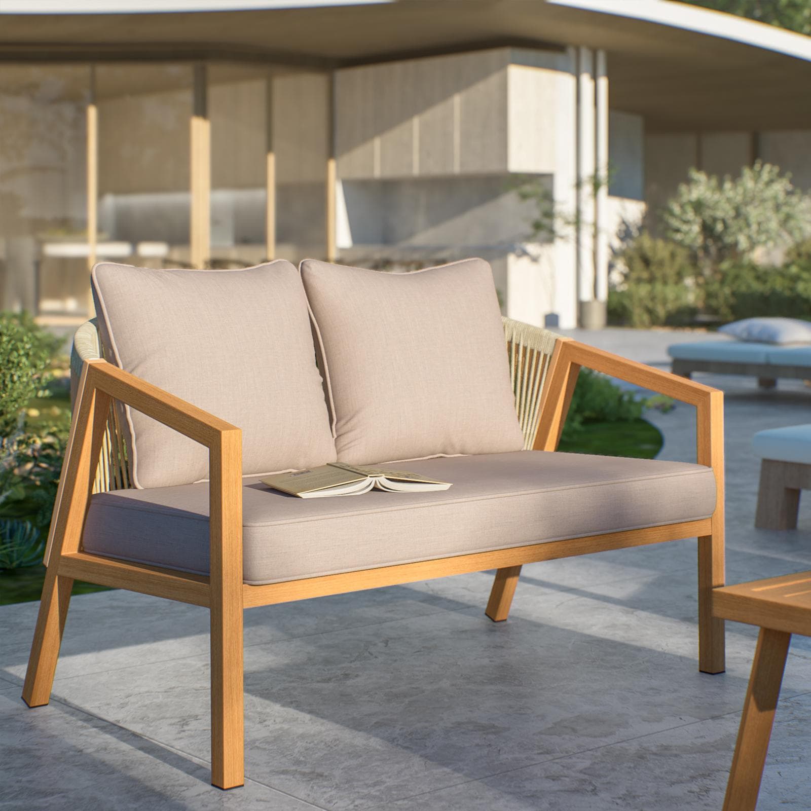 Set relax 4 posti rivestito in corda con cuscini e tavolino - Ziand