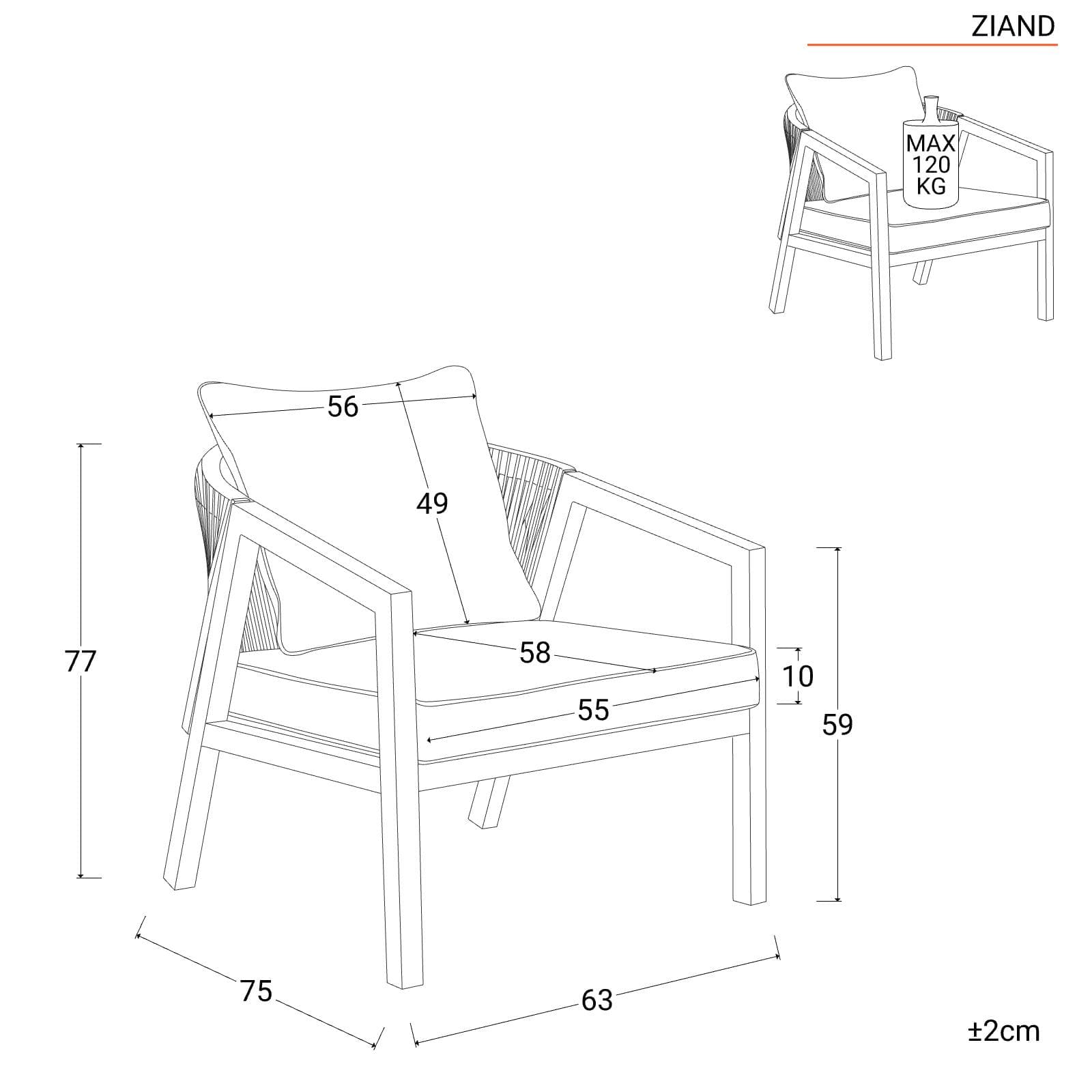 Set relax 4 posti rivestito in corda con cuscini e tavolino - Ziand
