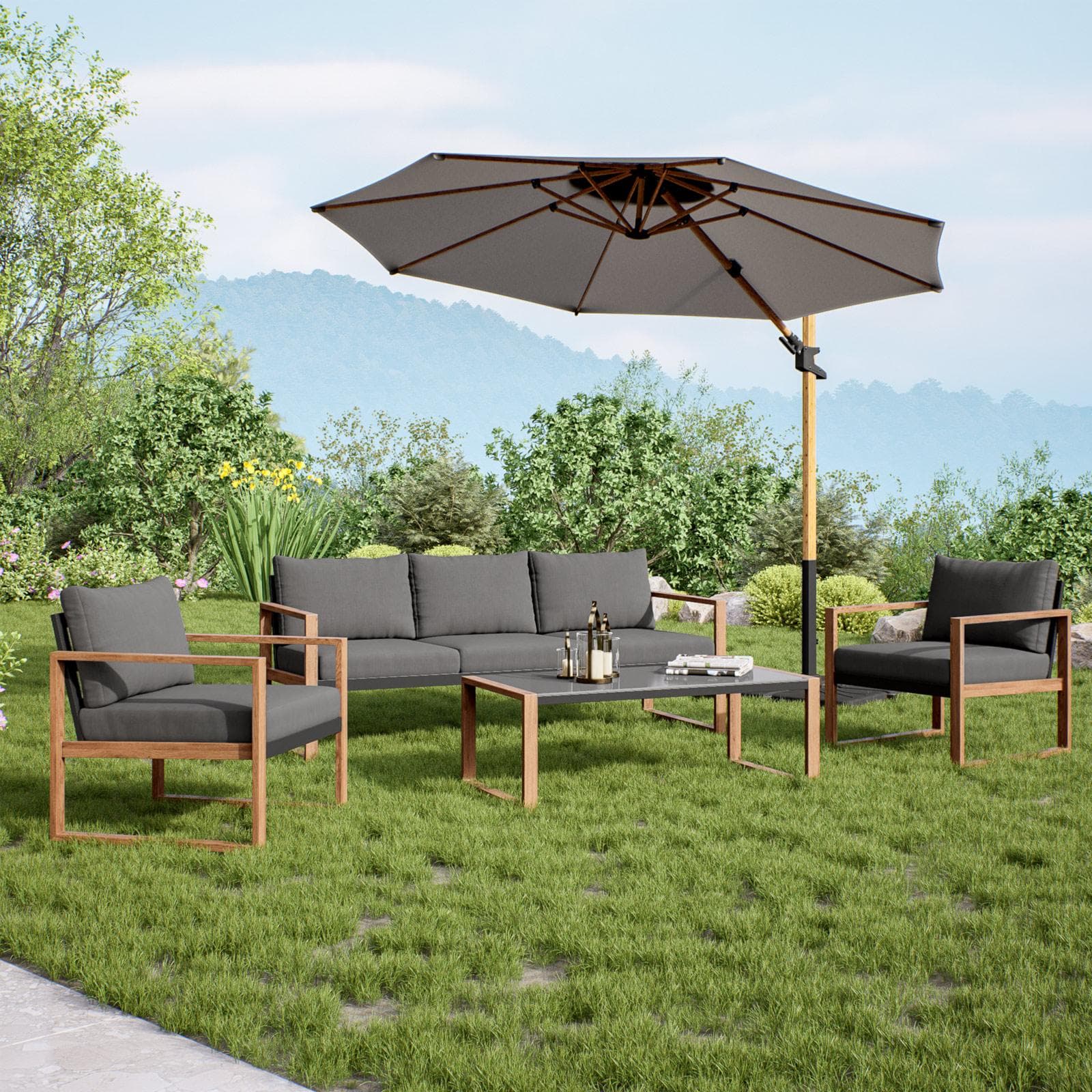 Set relax 5 posti in alluminio grigio effetto legno con tavolino da caffè e cuscini - Ohen