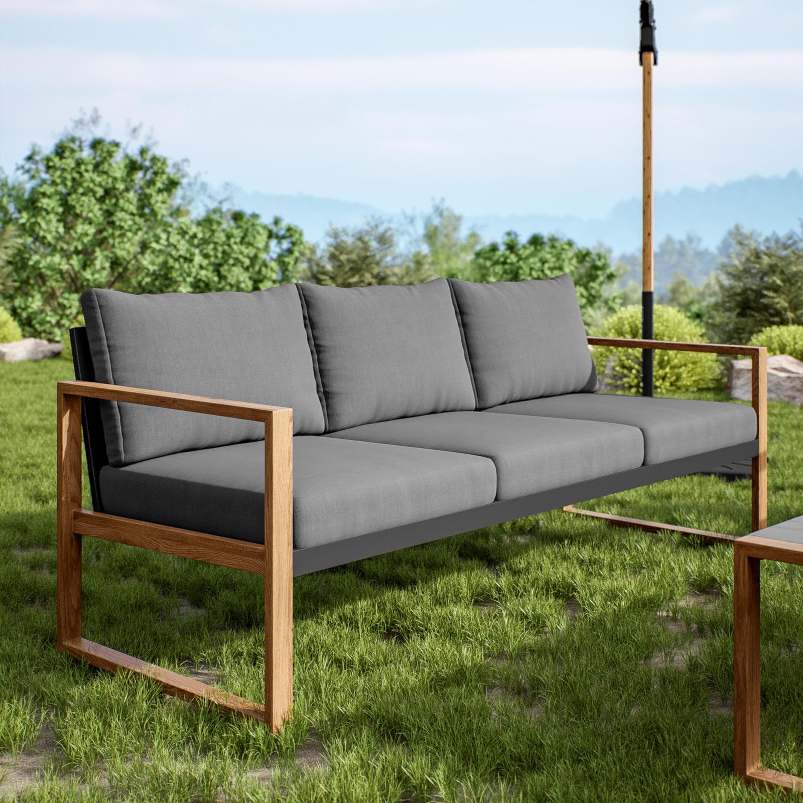 Set relax 5 posti in alluminio grigio effetto legno con tavolino da caffè e cuscini - Ohen