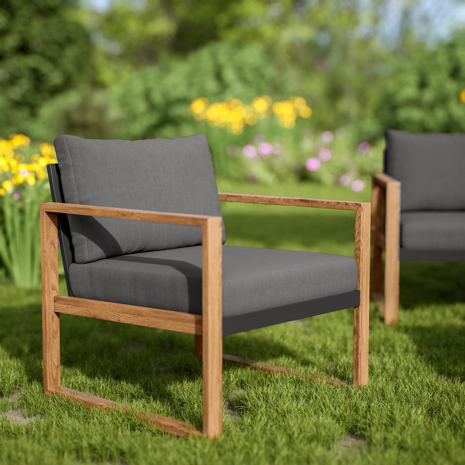 Set relax 5 posti in alluminio grigio effetto legno con tavolino da caffè e cuscini - Ohen
