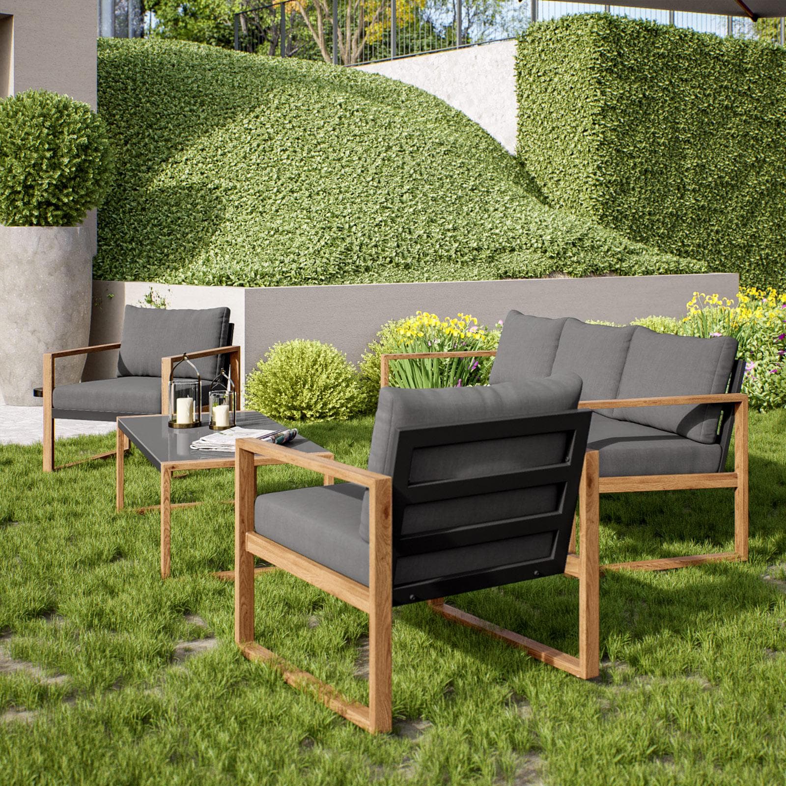 Set relax 5 posti in alluminio grigio effetto legno con tavolino da caffè e cuscini - Ohen