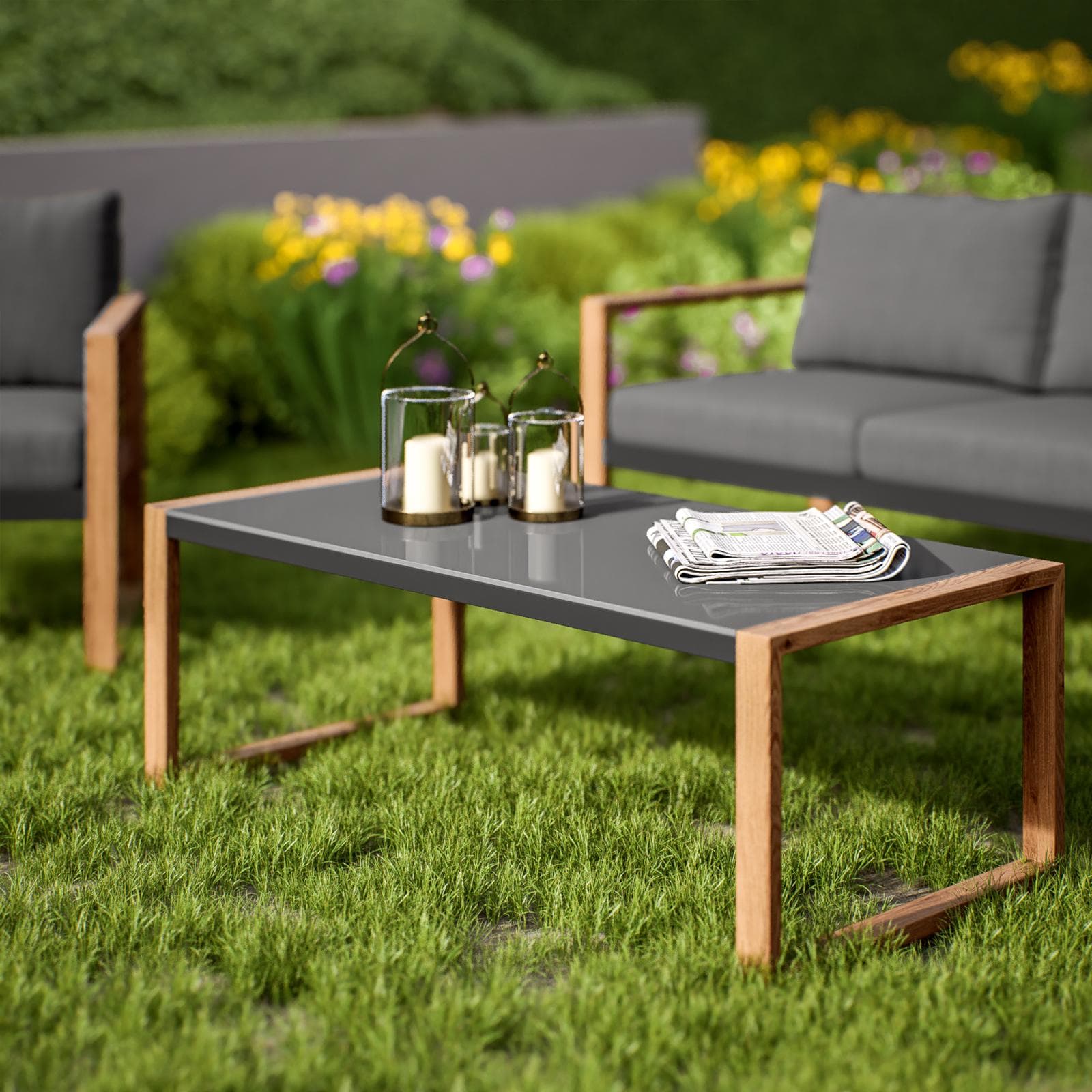 Set relax 5 posti in alluminio grigio effetto legno con tavolino da caffè e cuscini - Ohen