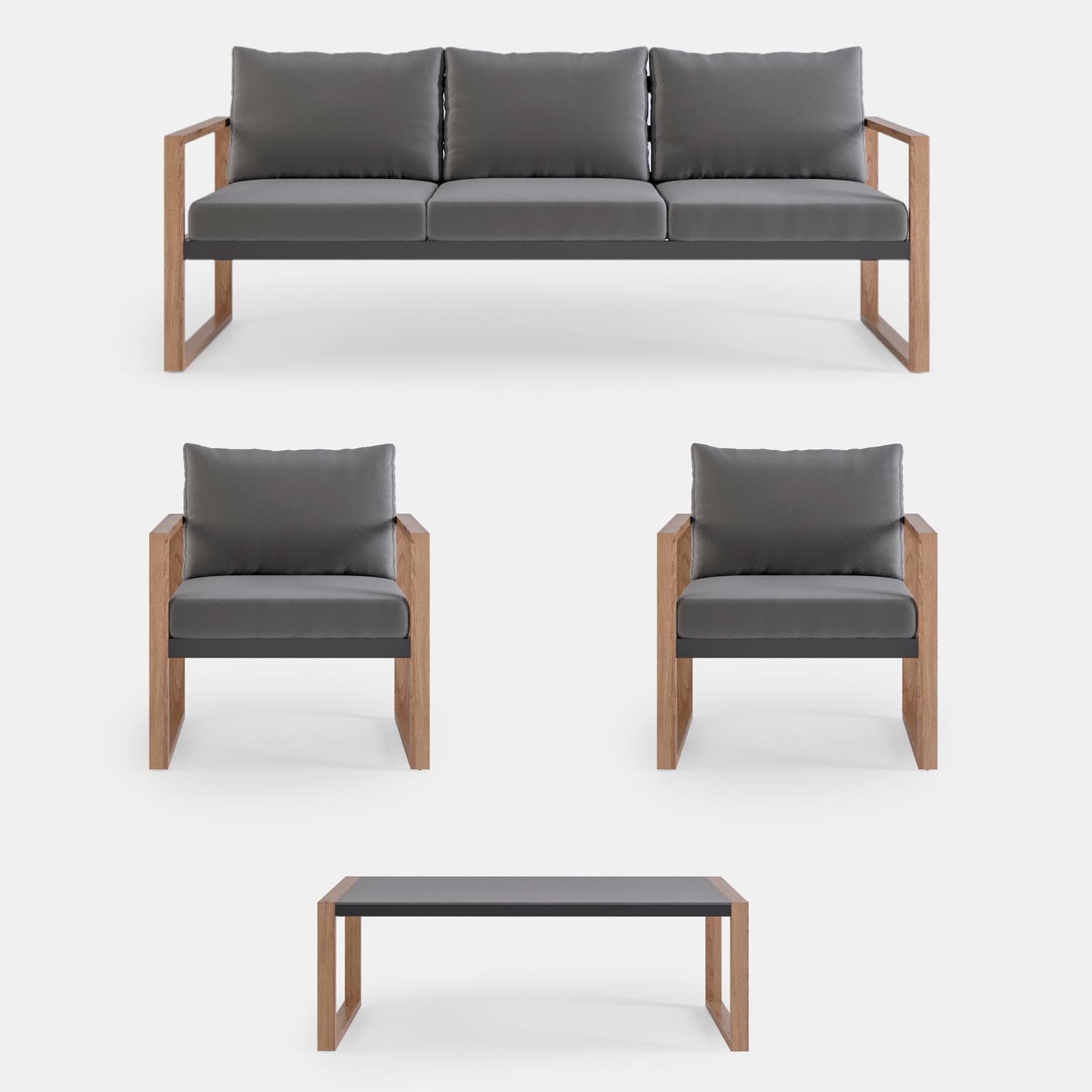 Set relax 5 posti in alluminio grigio effetto legno con tavolino da caffè e cuscini - Ohen