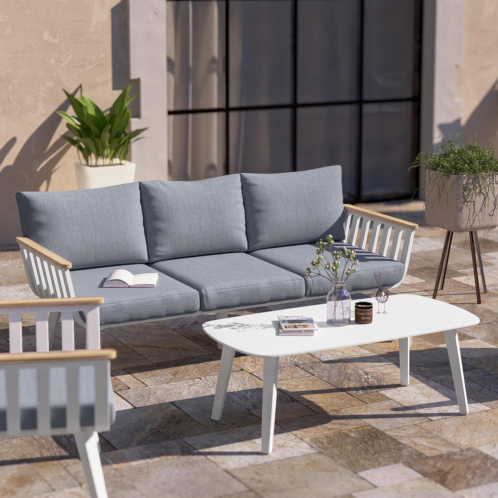 Set relax 5 posti in alluminio bianco con braccioli effetto legno e cuscini - Vallarta