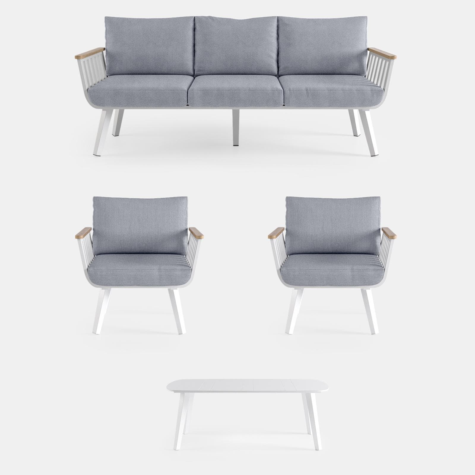 Set relax 5 posti in alluminio bianco con braccioli effetto legno e cuscini - Vallarta