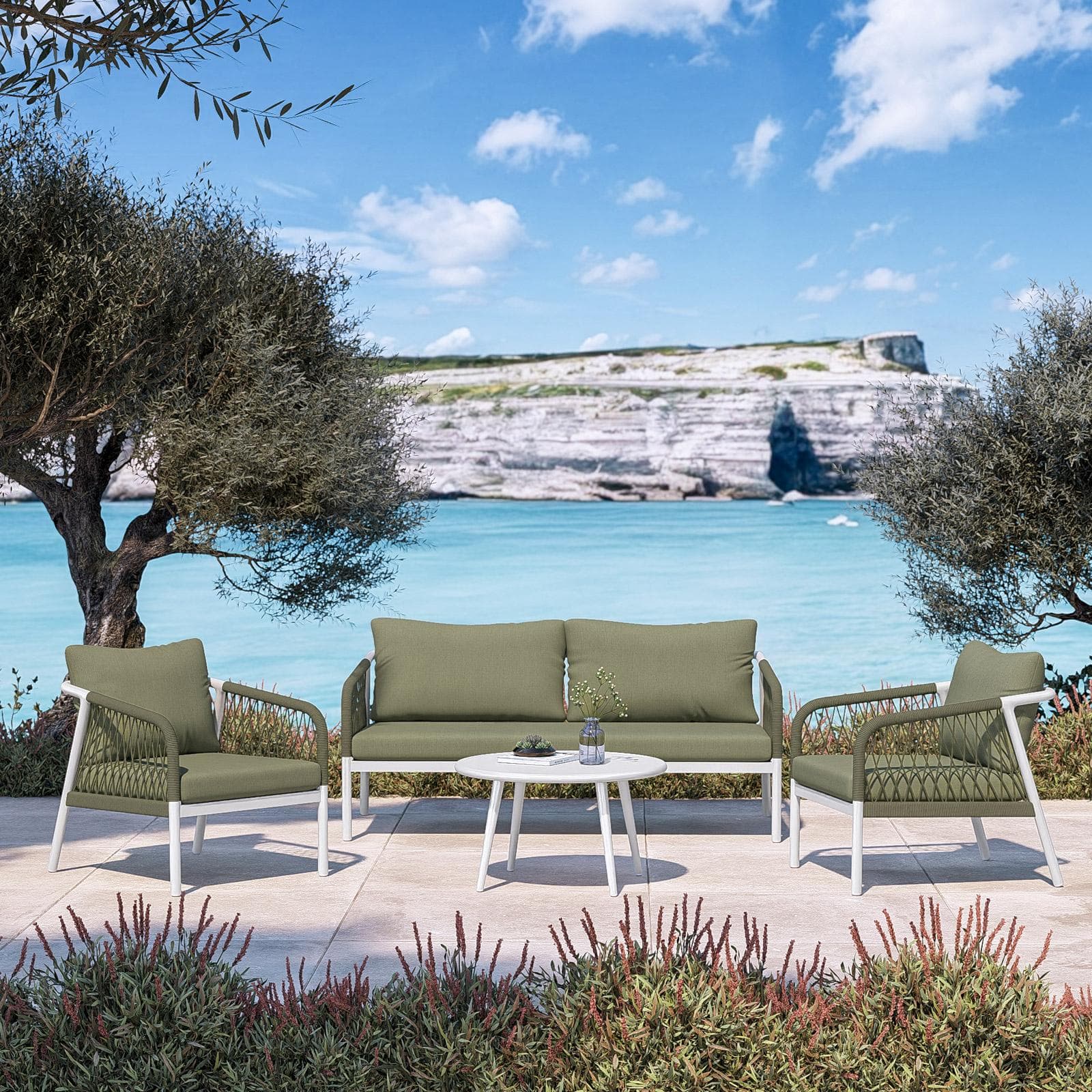 Set relax 5 posti in alluminio bianco con cuscini e dettagli in corda verde oliva - Saffron