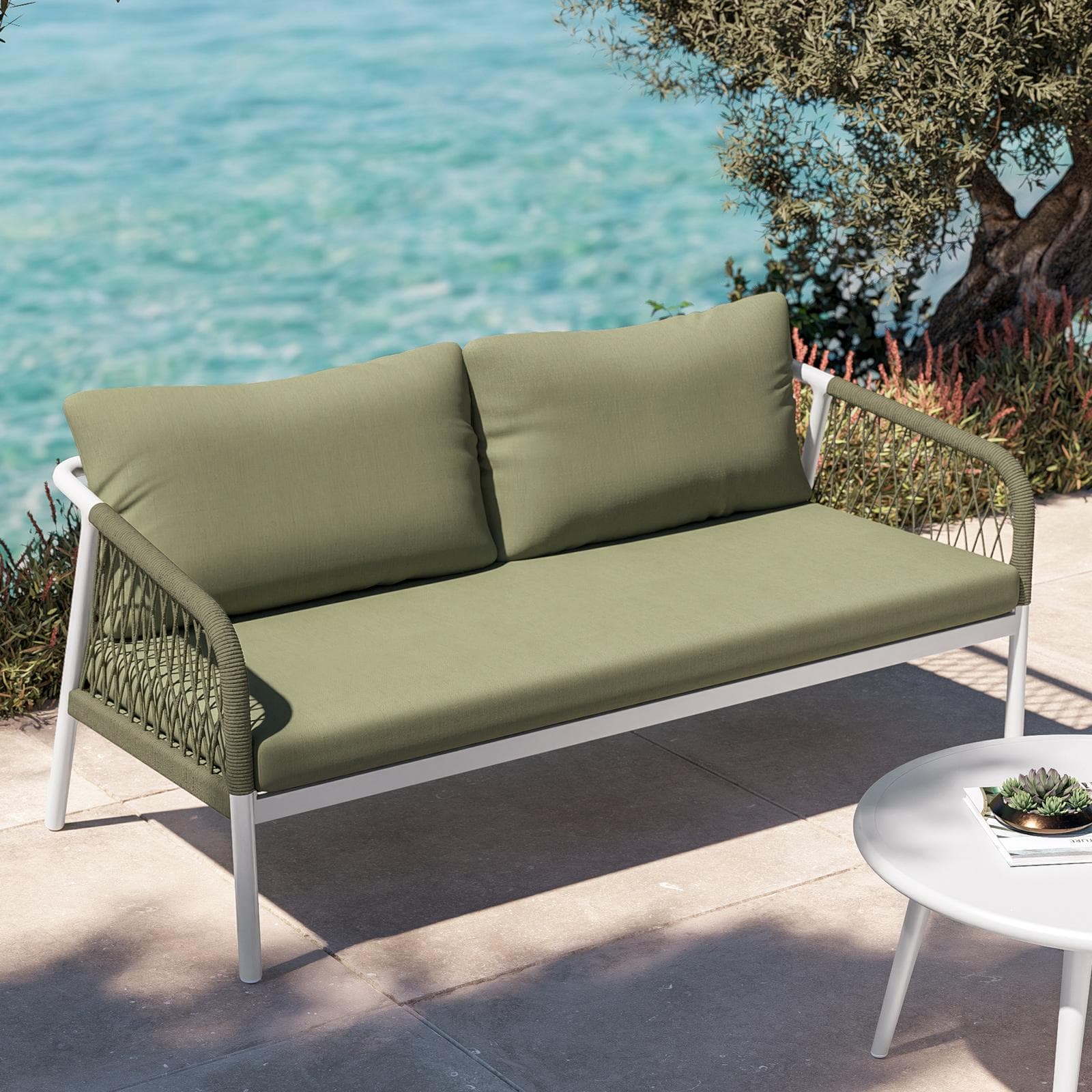 Set relax 5 posti in alluminio bianco con cuscini e dettagli in corda verde oliva - Saffron