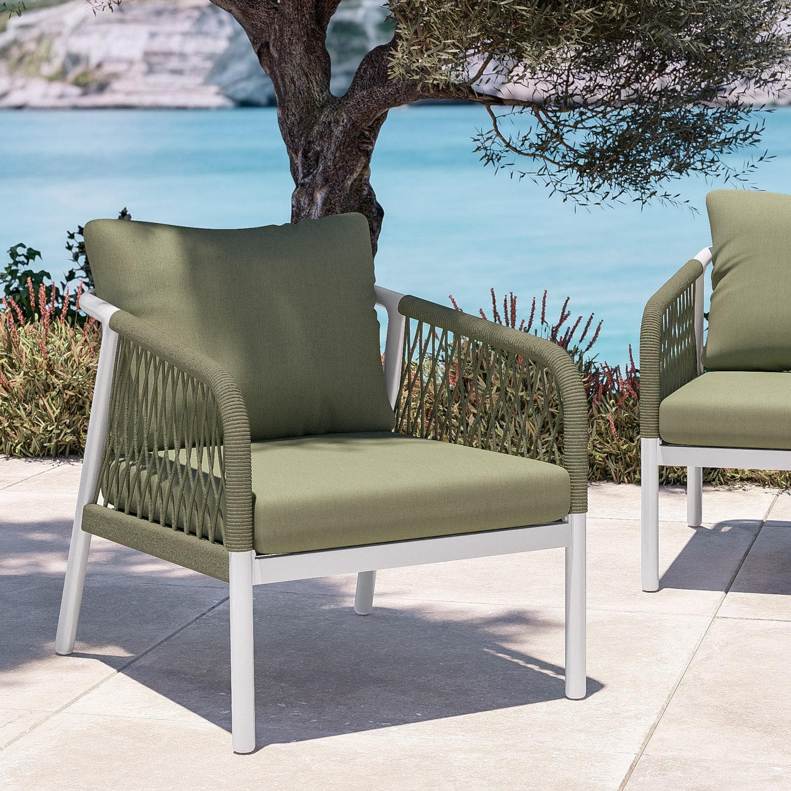Set relax 5 posti in alluminio bianco con cuscini e dettagli in corda verde oliva - Saffron
