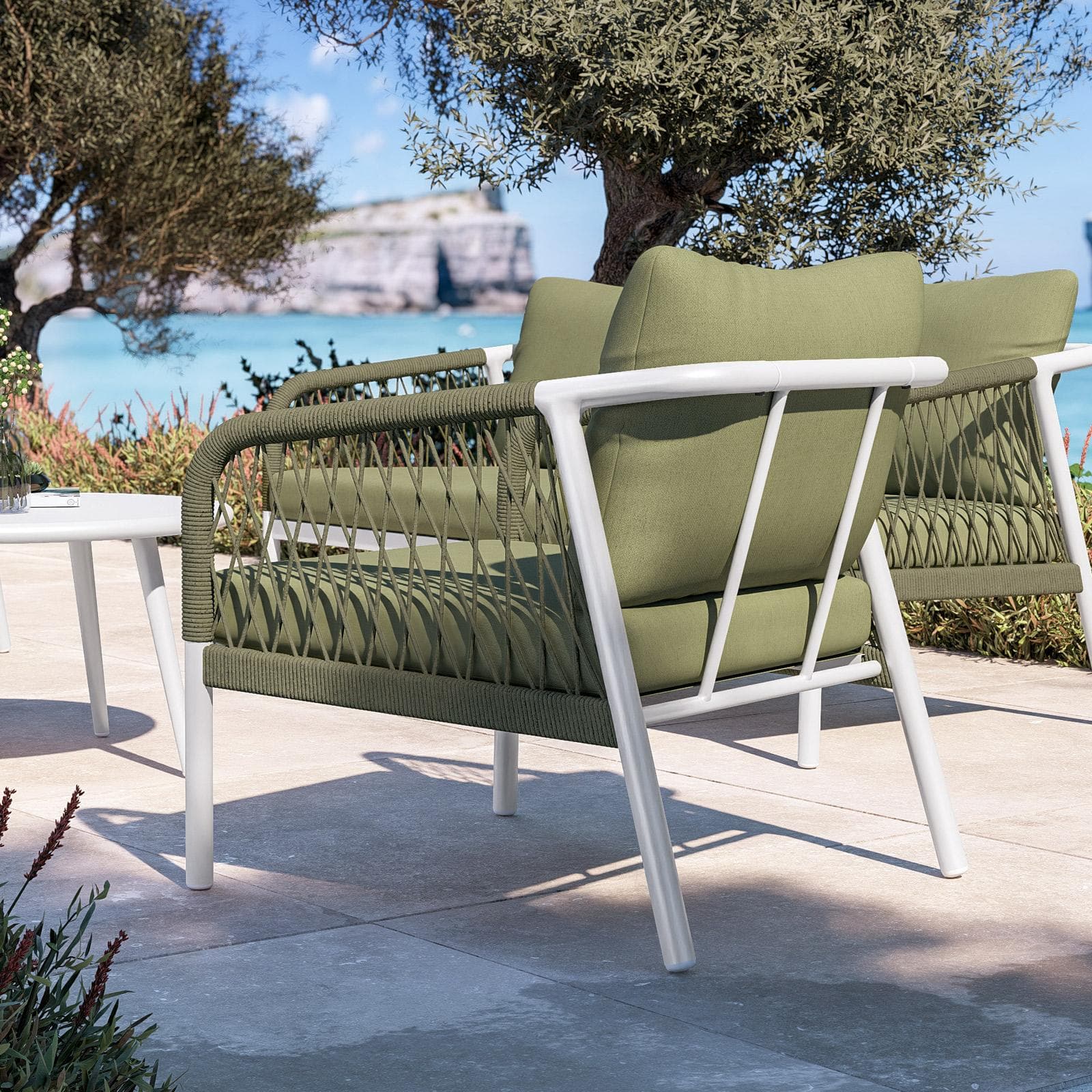 Set relax 5 posti in alluminio bianco con cuscini e dettagli in corda verde oliva - Saffron
