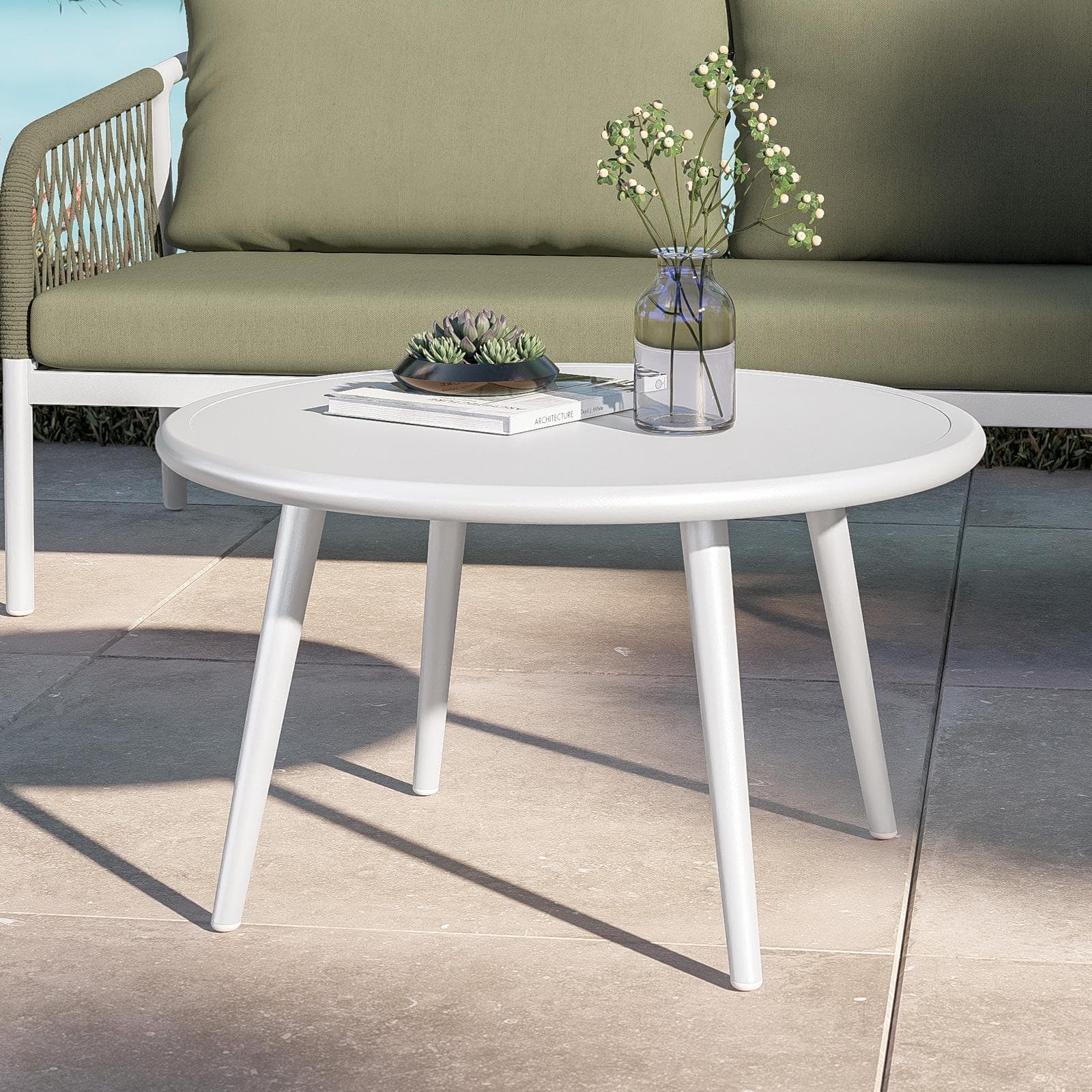 Set relax 5 posti in alluminio bianco con cuscini e dettagli in corda verde oliva - Saffron