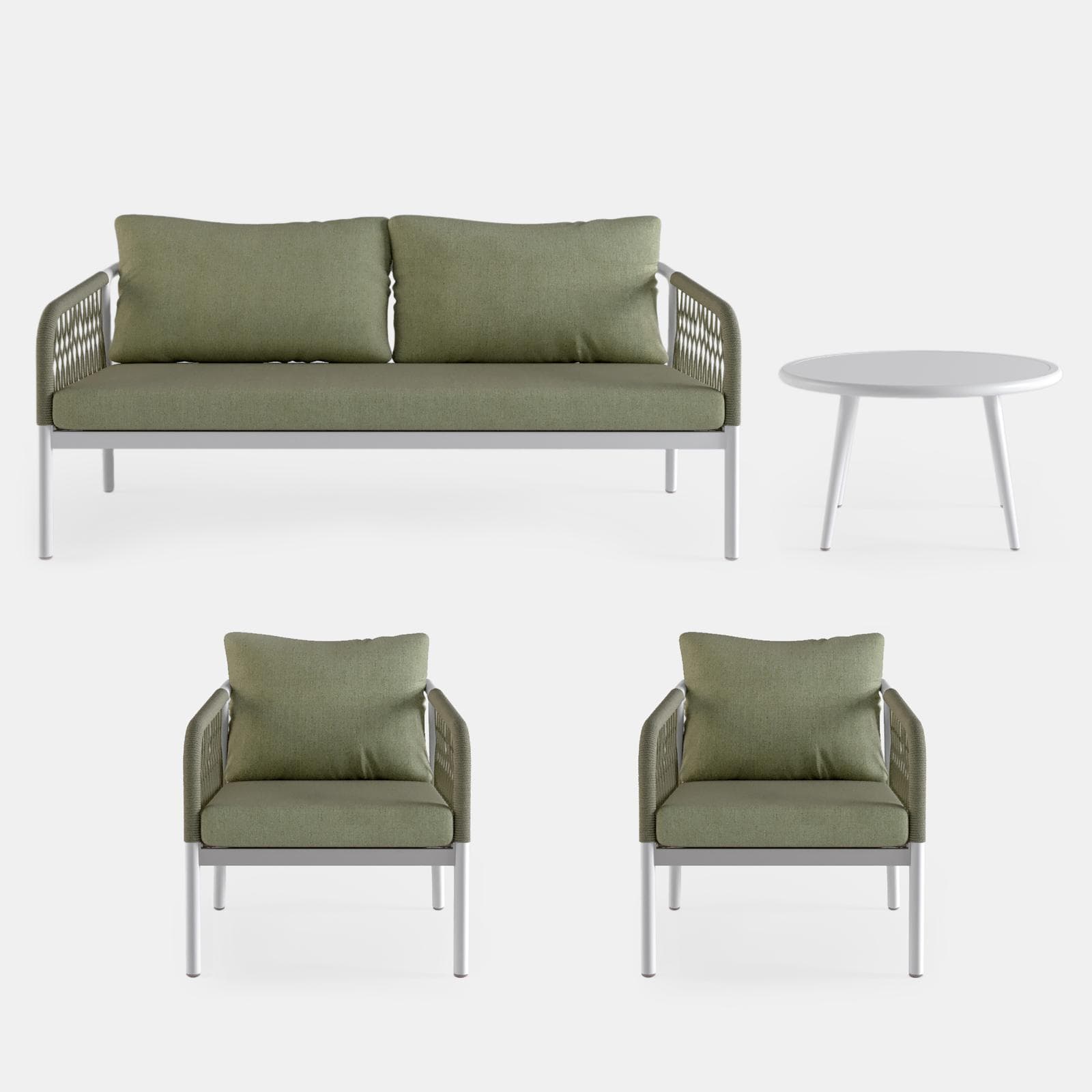 Set relax 5 posti in alluminio bianco con cuscini e dettagli in corda verde oliva - Saffron
