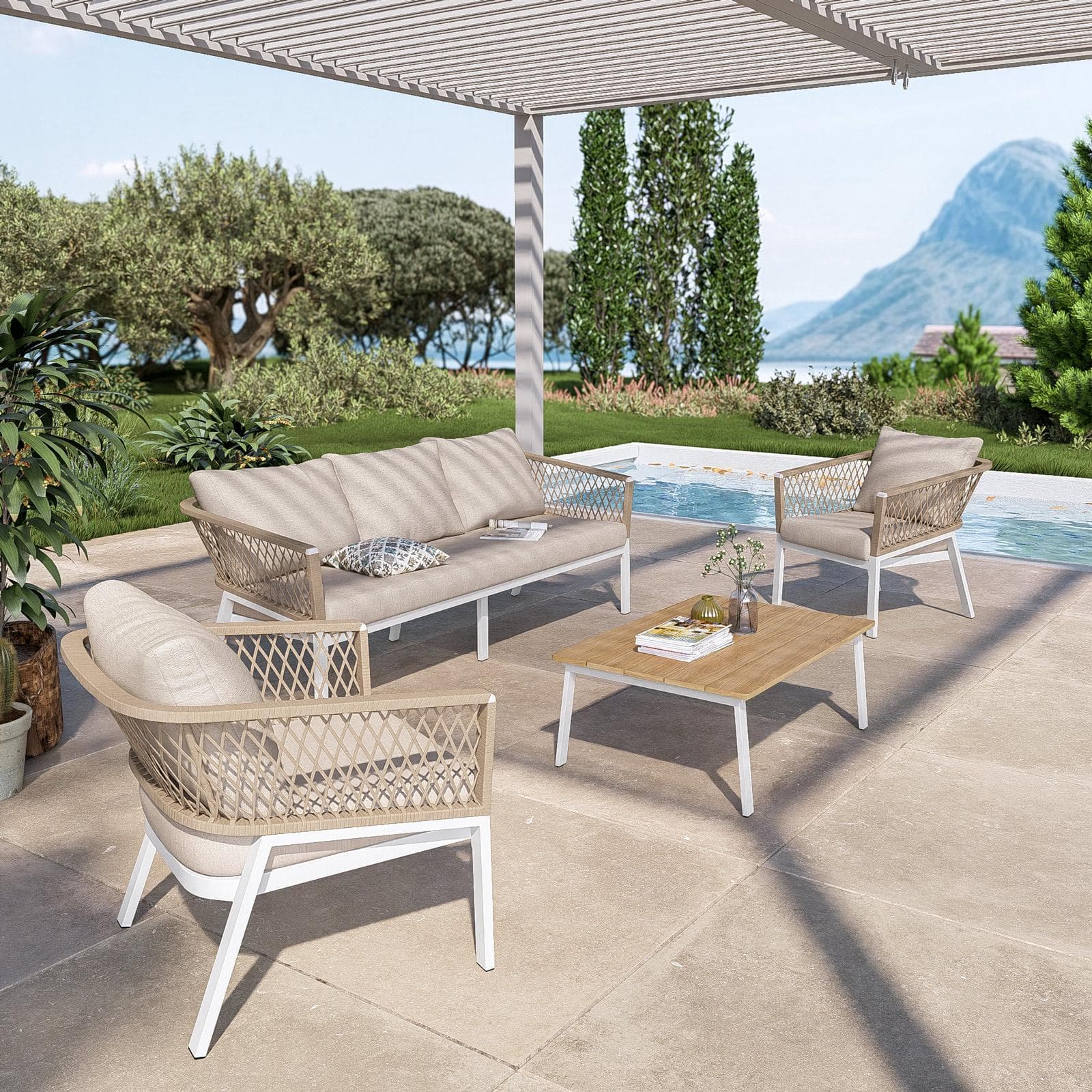 Set relax 5 posti in alluminio bianco con dettagli in corda tortora e cuscini - Clerc