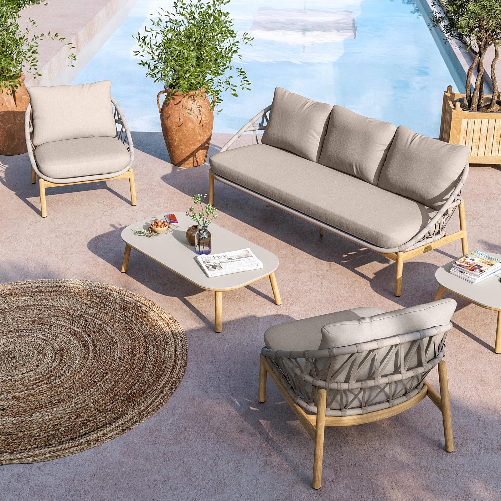 NASKA SET RELAX ALLUMINIO EFFETTO LEGNO C/ CORDA TORTORA C/ CUSCINI OLEFIN 220 G TORTORA