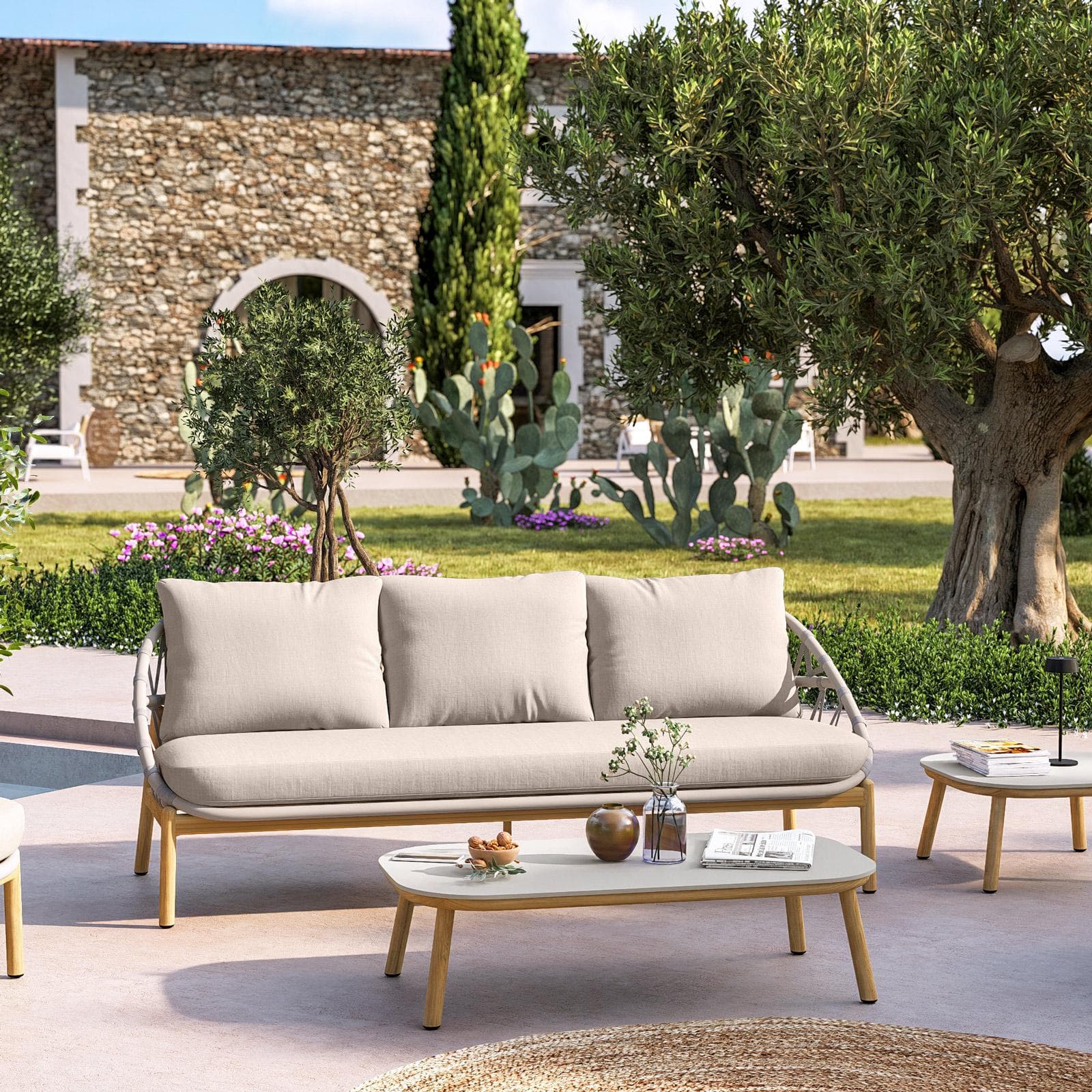 NASKA SET RELAX ALLUMINIO EFFETTO LEGNO C/ CORDA TORTORA C/ CUSCINI OLEFIN 220 G TORTORA