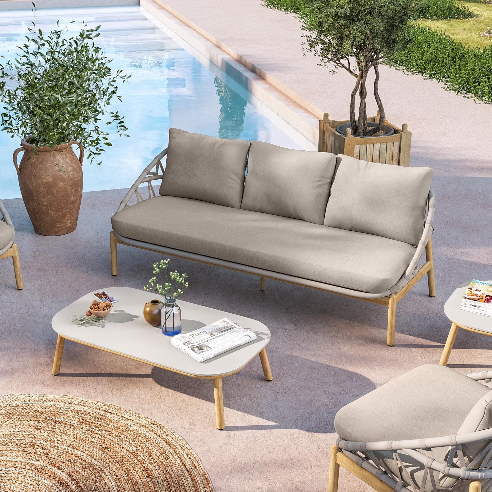 NASKA SET RELAX ALLUMINIO EFFETTO LEGNO C/ CORDA TORTORA C/ CUSCINI OLEFIN 220 G TORTORA