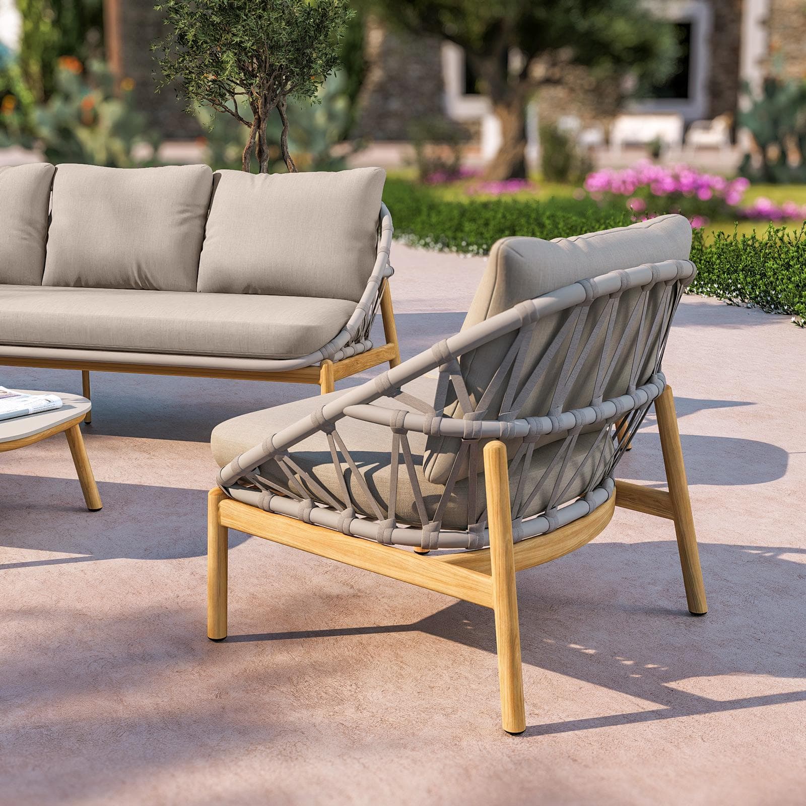 NASKA SET RELAX ALLUMINIO EFFETTO LEGNO C/ CORDA TORTORA C/ CUSCINI OLEFIN 220 G TORTORA