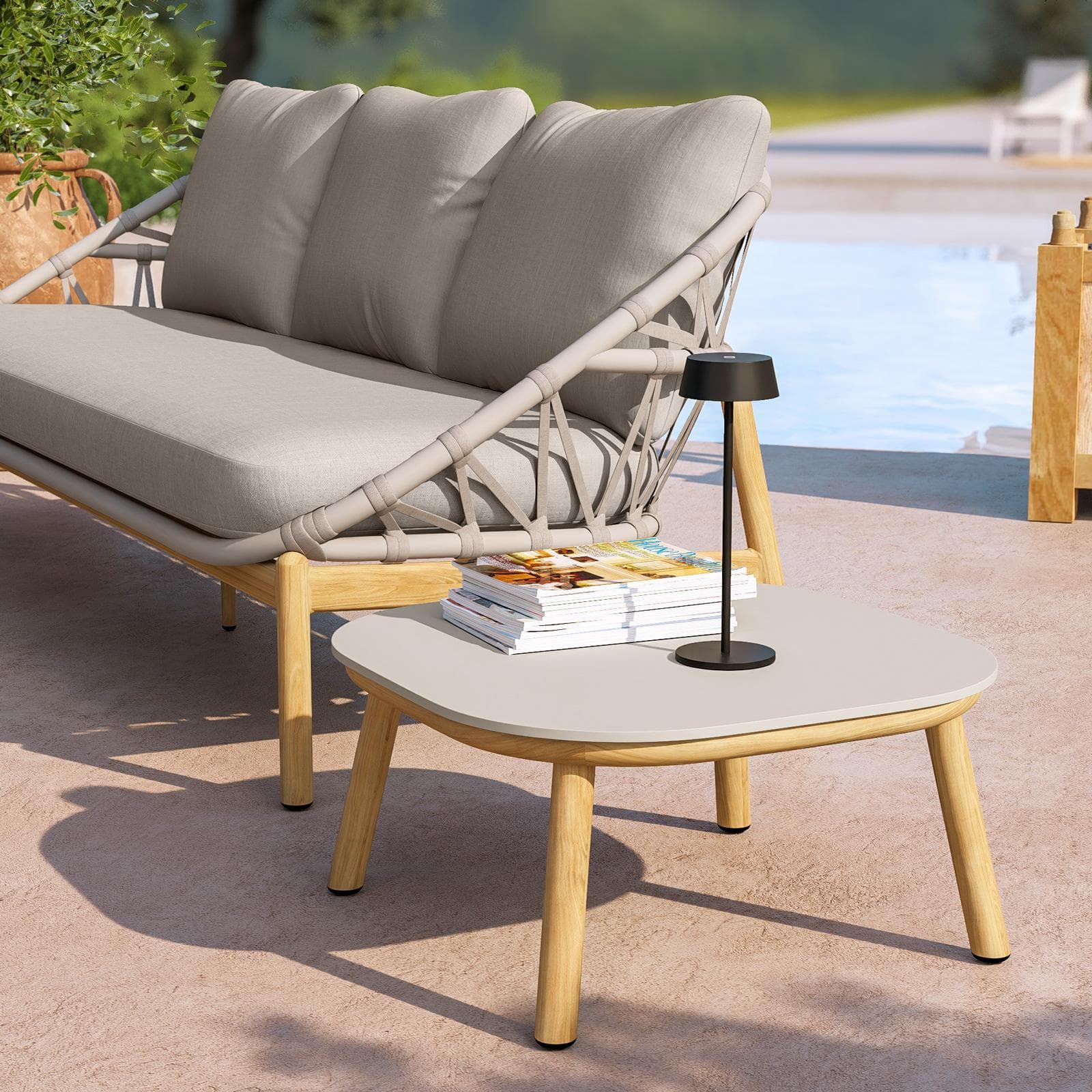 NASKA SET RELAX ALLUMINIO EFFETTO LEGNO C/ CORDA TORTORA C/ CUSCINI OLEFIN 220 G TORTORA