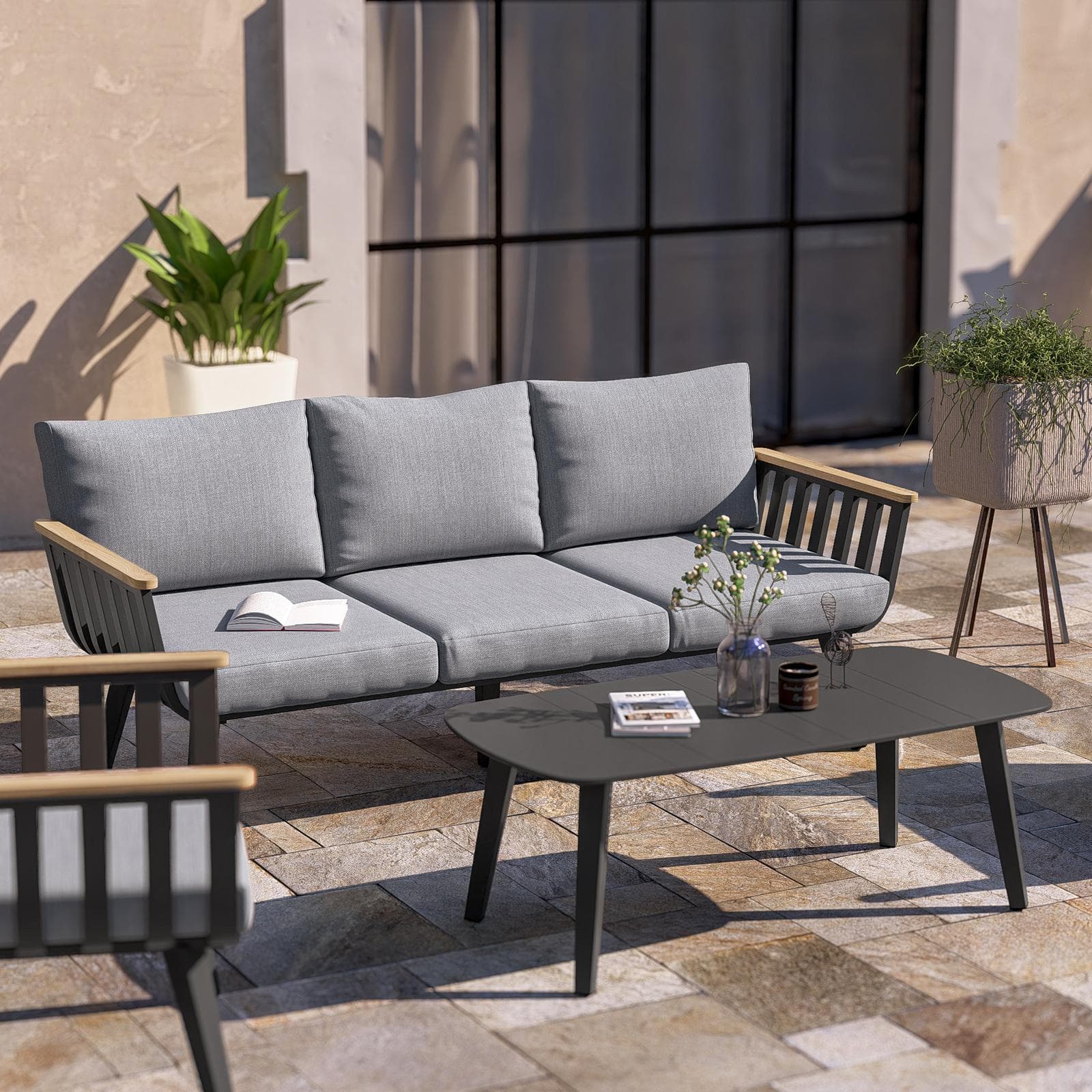 Set relax 5 posti in alluminio nero opaco con braccioli effetto legno e cuscini - Vallarta