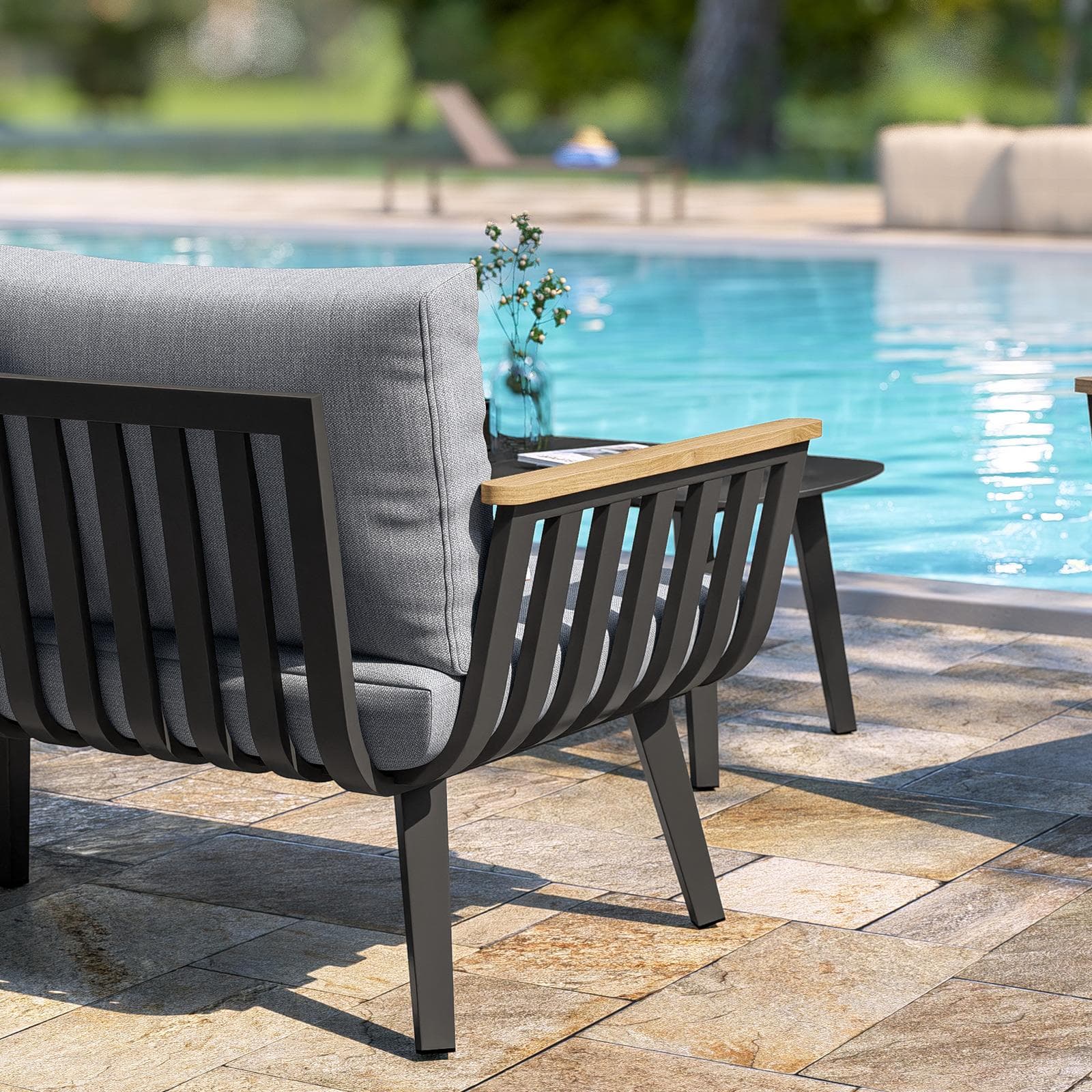Set relax 5 posti in alluminio nero opaco con braccioli effetto legno e cuscini - Vallarta