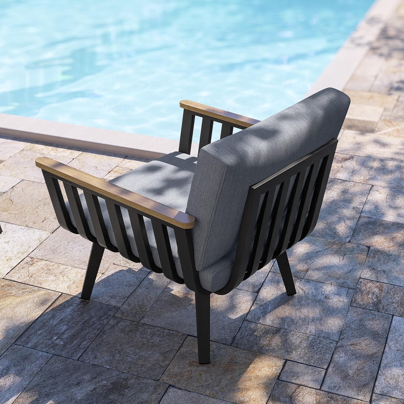 Set relax 5 posti in alluminio nero opaco con braccioli effetto legno e cuscini - Vallarta